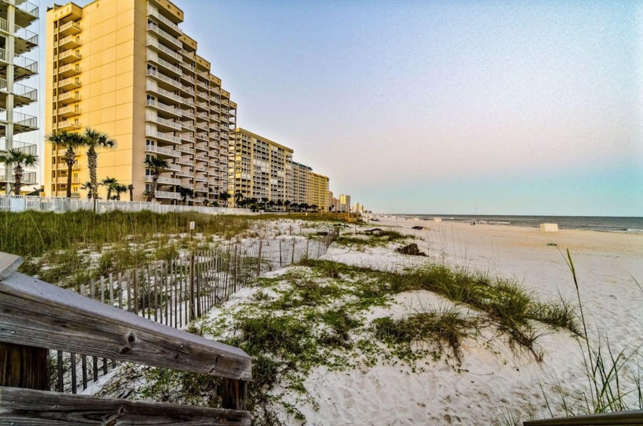View looking down the coast in front of Pelican Pointe in Orange Beach Alabama
