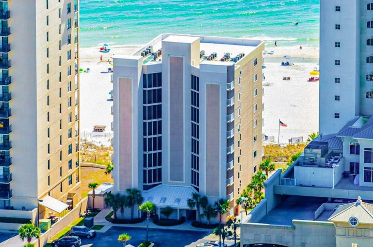 Birds eye view of Four Winds with the Gulf in the background