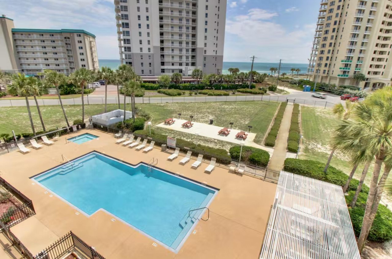 Aerial view of the outdoor pool at Grand Caribbean East and West