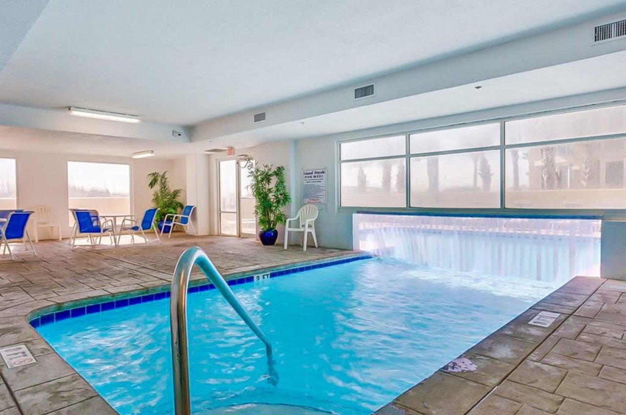 The indoor portion of the indooroutdoor swimming pool at Island Royale in Gulf Shores Alabama