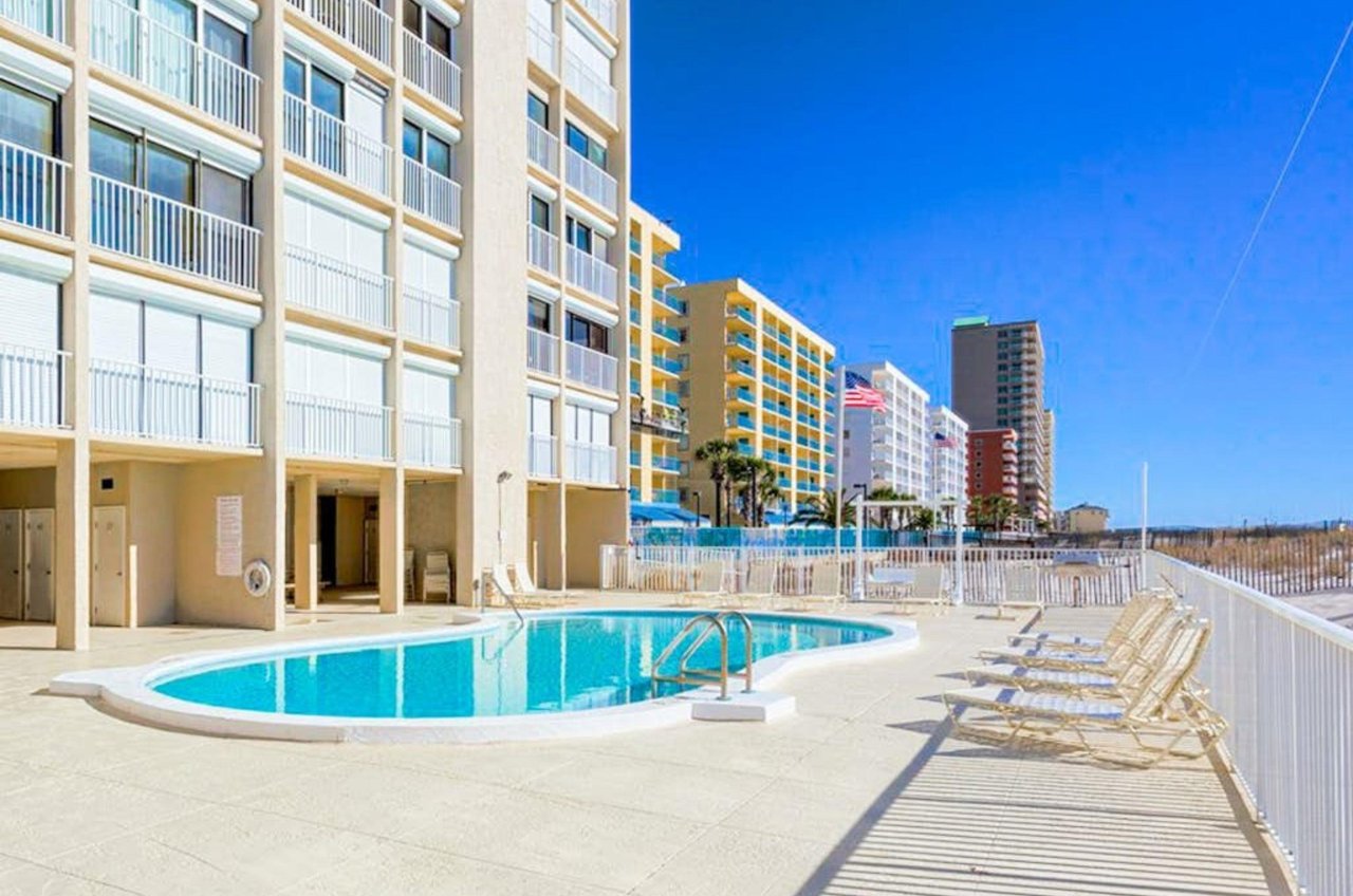 The beachside swimming pool in front of Edgewater East in Gulf Shores Alabama