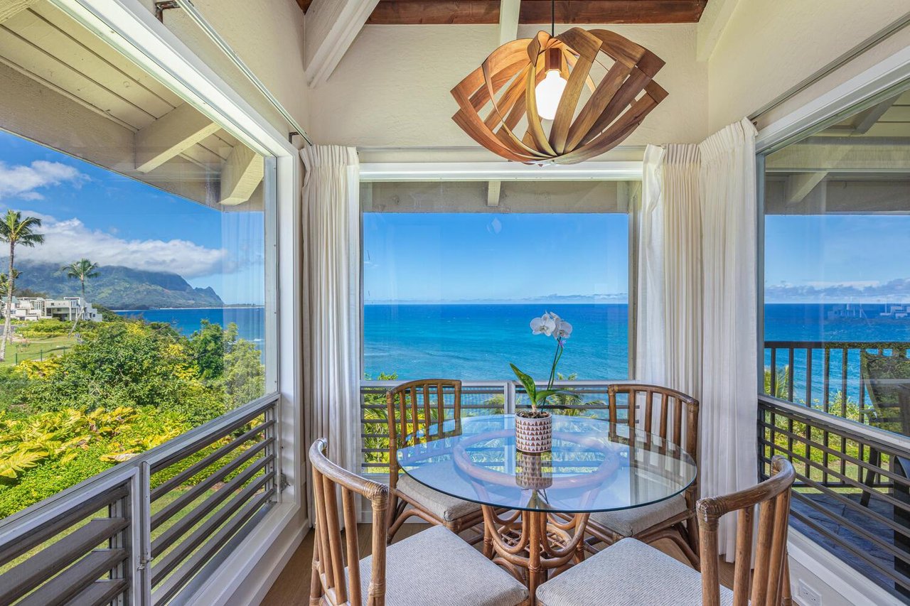 Dining area has amazing ocean and mountain views