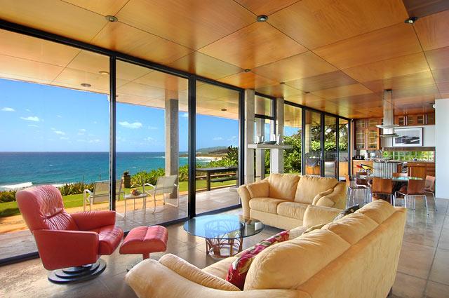 The living room  10 foot high walls of glass to the Pacific
