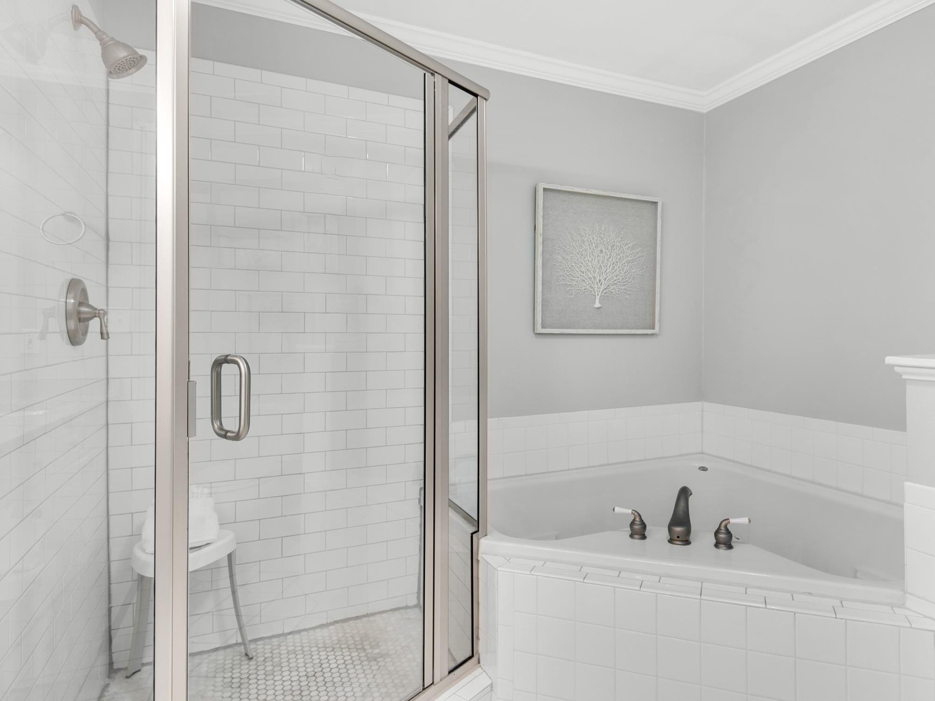 Primary Bathroom with WalkIn Shower and Soaking Tub