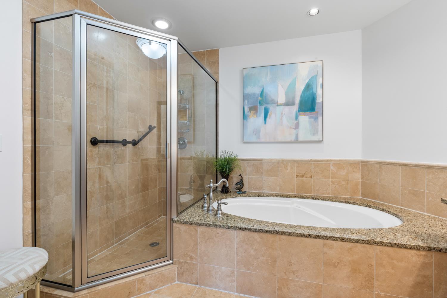 Primary bathroom featuring a walkin shower and soaking tub.