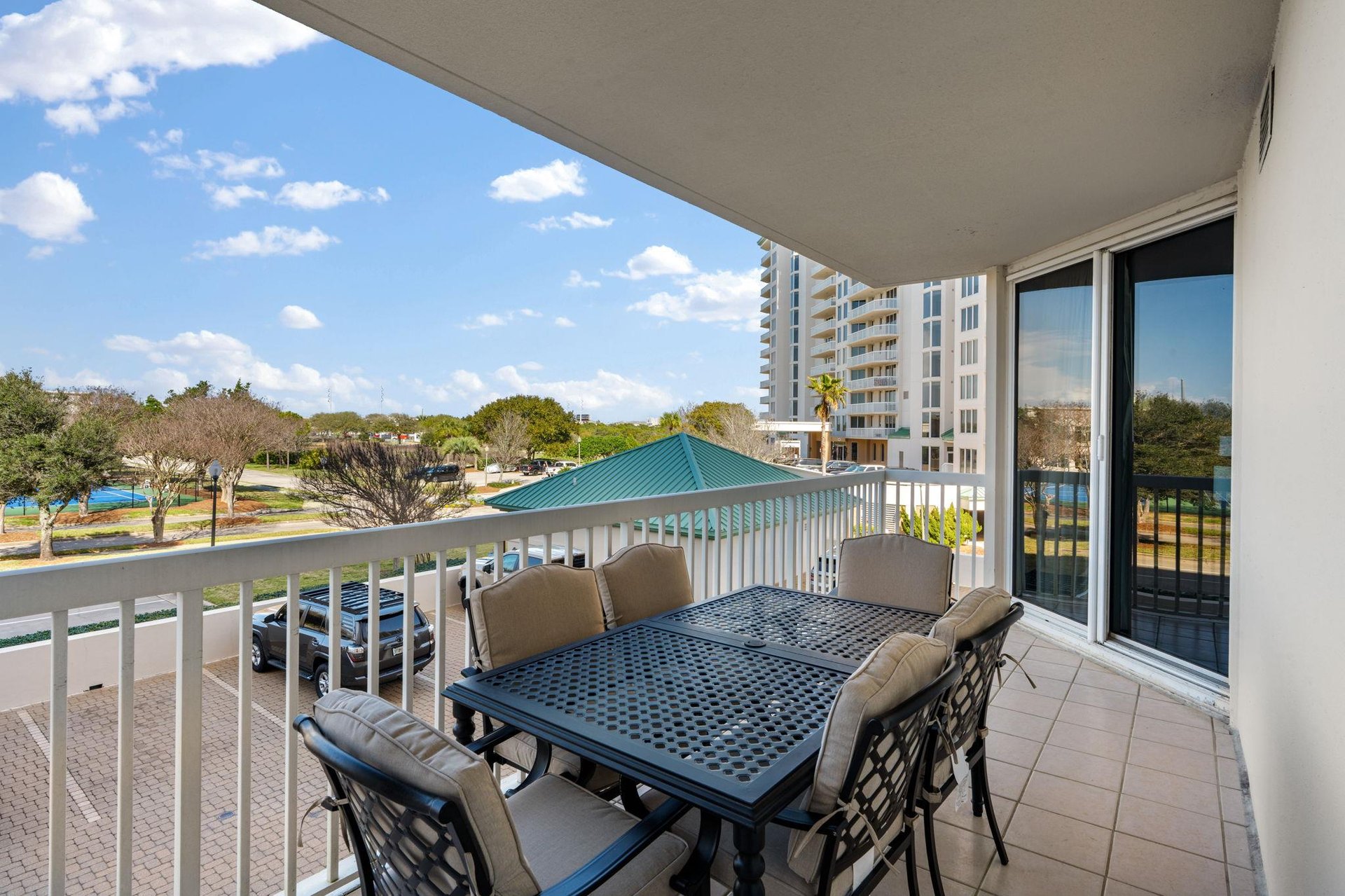 Enjoy a meal or a card game on the North Balcony