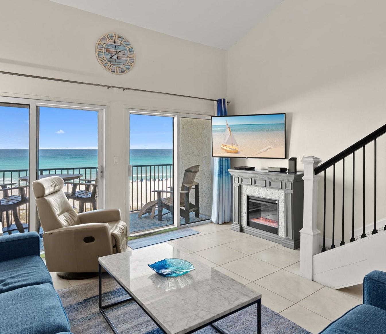 Enjoy the electric fireplace for evening ambiance