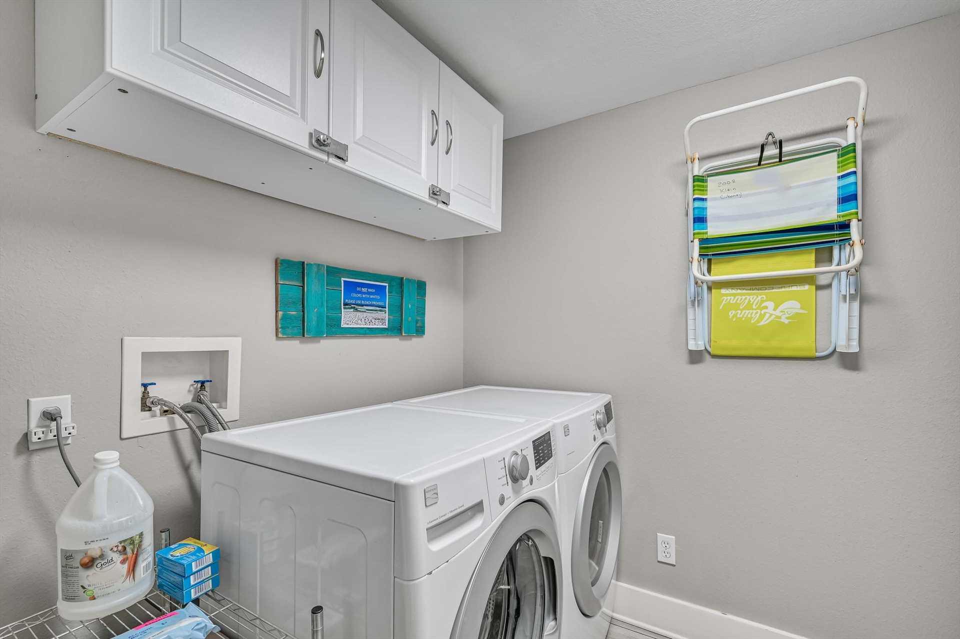 Your laundry space is fully equipped with a washer and dryer, plus plenty of storage and a convenient drying rack—making it easy to pack light and keep everything fresh during your stay.