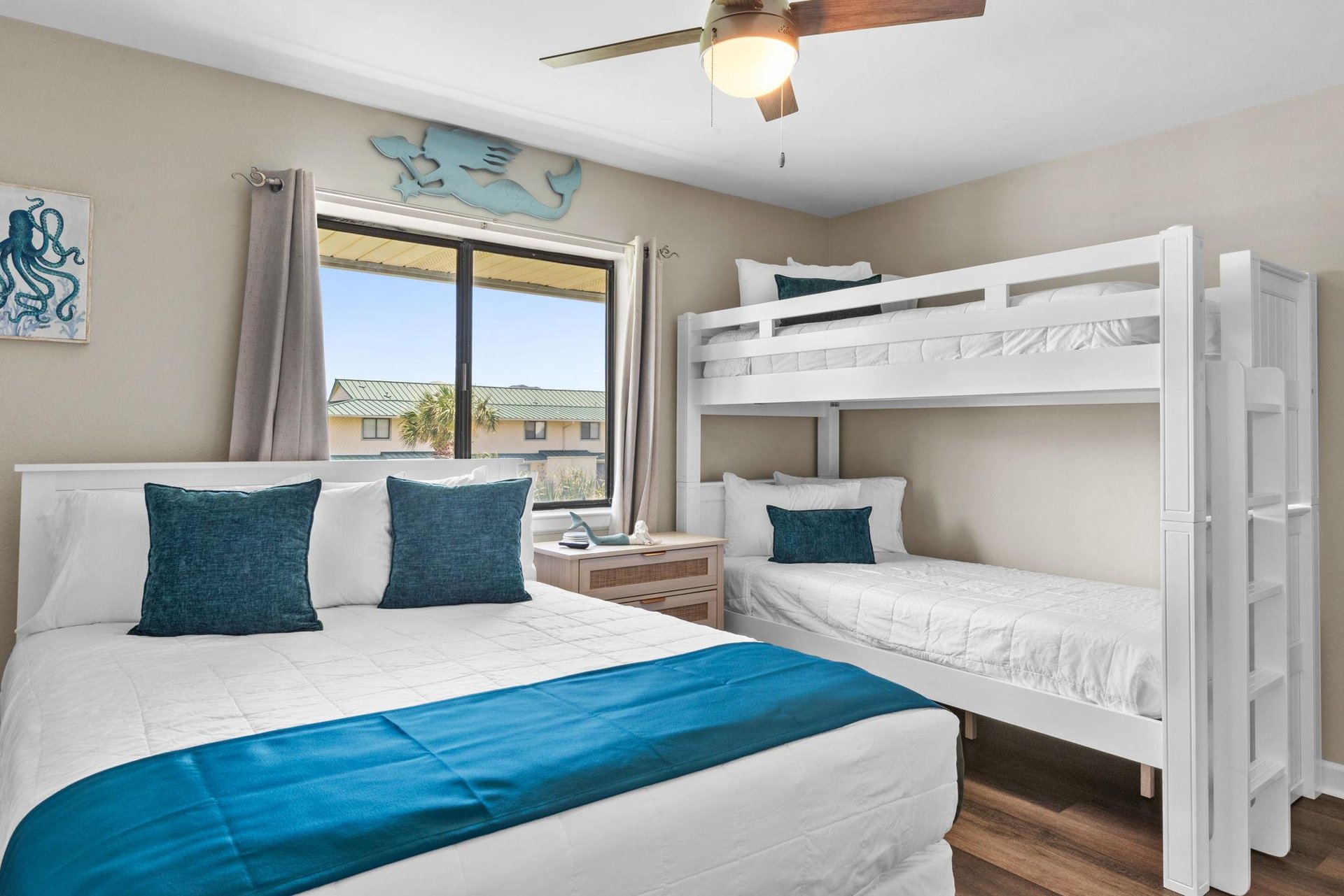 Your cozy coastal retreat features oceanthemed touches and flexible sleeping arrangements, perfect for families or groups seeking comfort by the shore.
