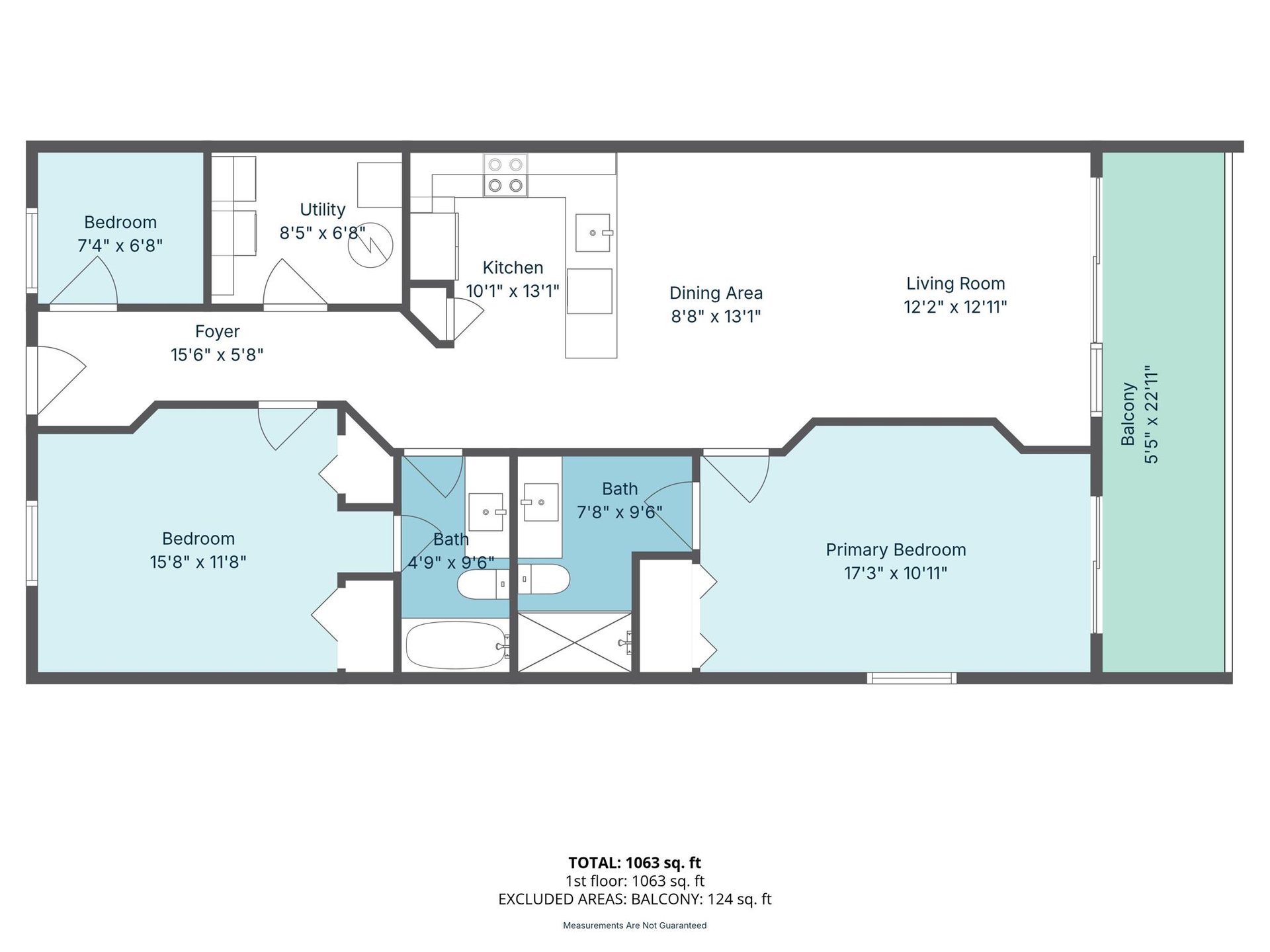 This floor plan showcases three bedrooms, an open living area, and a generous balcony where you can unwind and enjoy your stay.