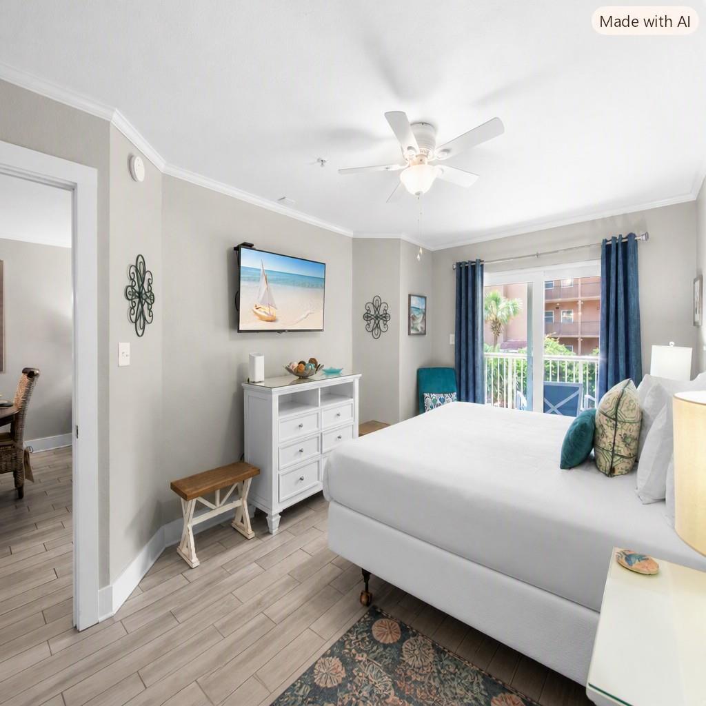 Soft ocean breezes welcome you to your primary bedroom with balcony access. Unwind under gentle ceiling fan as natural light fills your peaceful retreat.