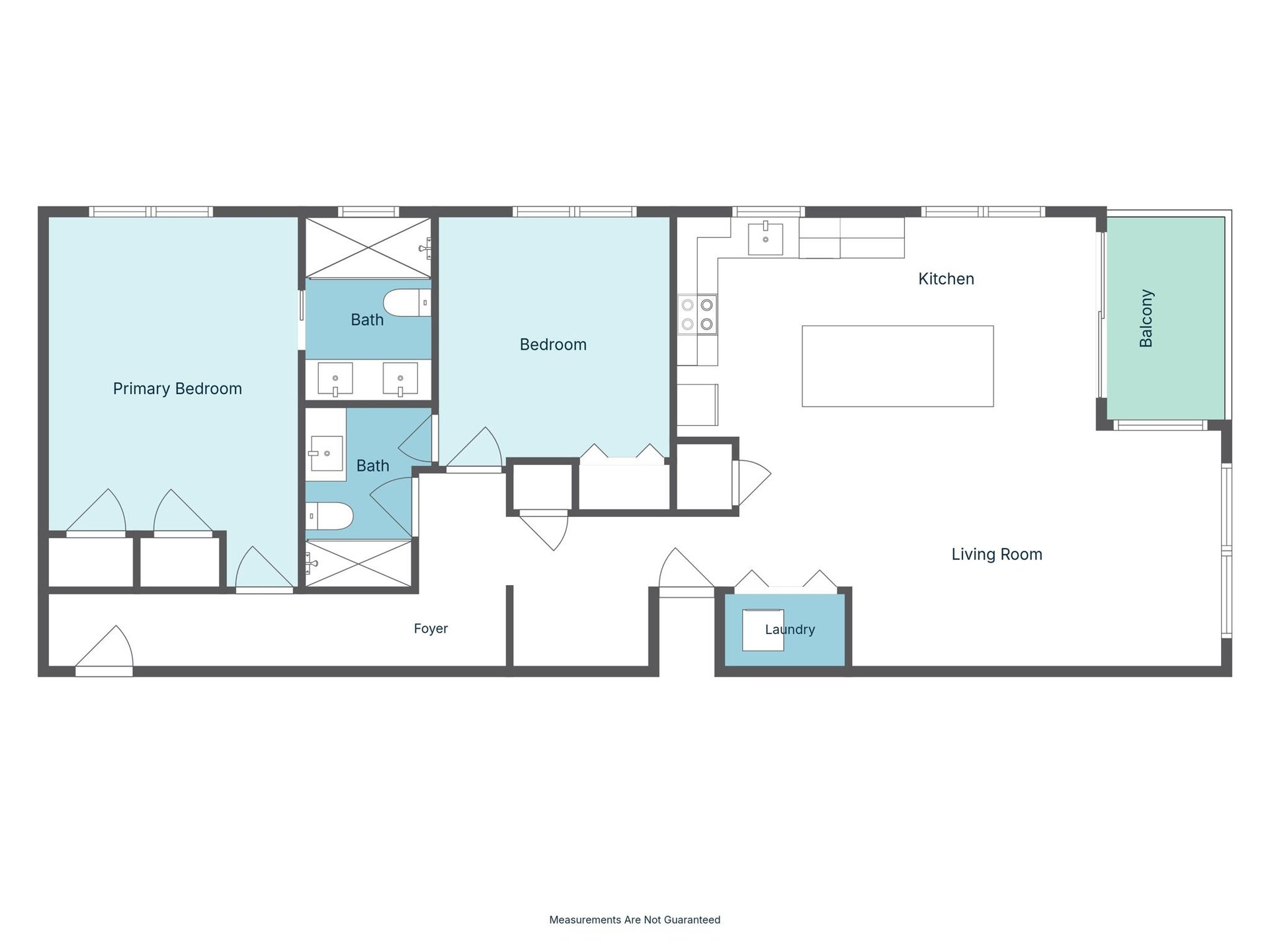 The property floor plan shows two bedrooms, two full bathrooms, a kitchen with dining space, a living room, laundry area, foyer, and balcony.