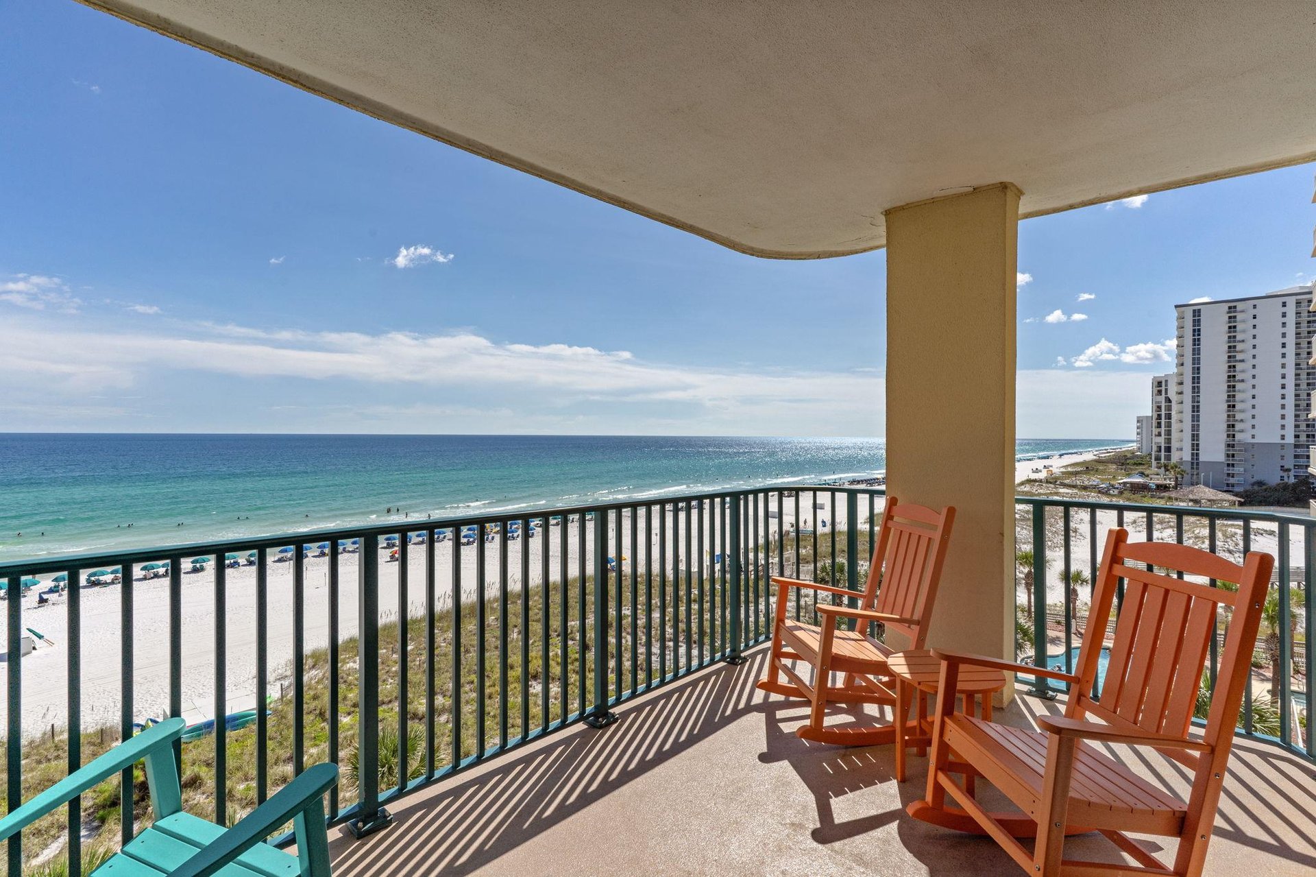 Picture your mornings here rocking gently in your chair, watching the gulf sparkle to life, the white sands stretching endlessly before you. Your private balcony overlooks miles of pristine beach—a f