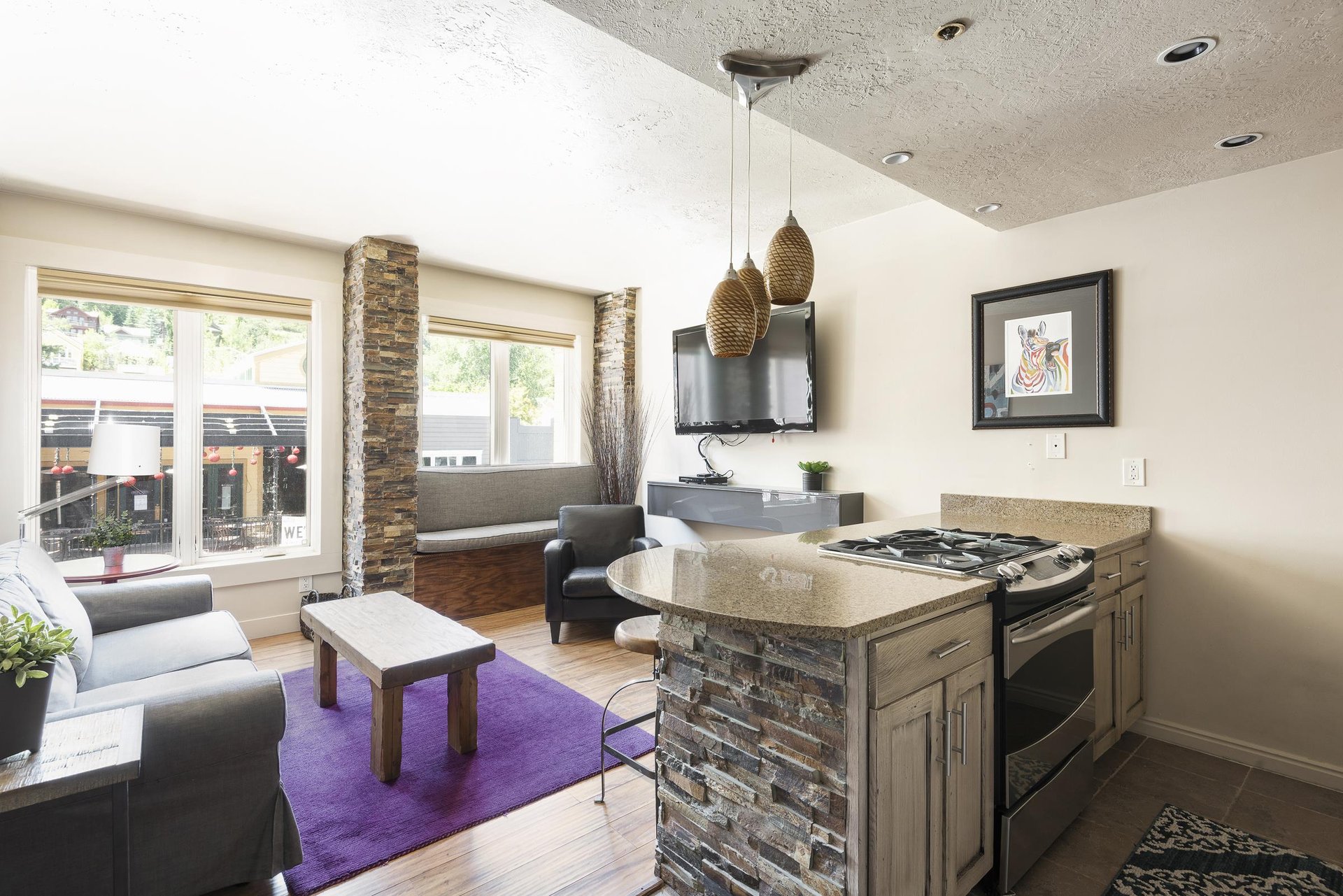 Kitchen breakfast bar and ovenrange with granite countertops, living room in the background with bright purple area rug for a beautiful pop of color