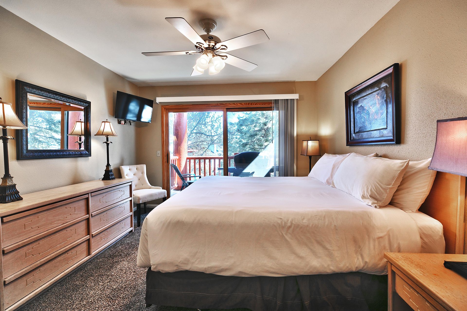Main bedroom has access to the private patio via the sliding glass door, a wallmounted flat screen and dresser