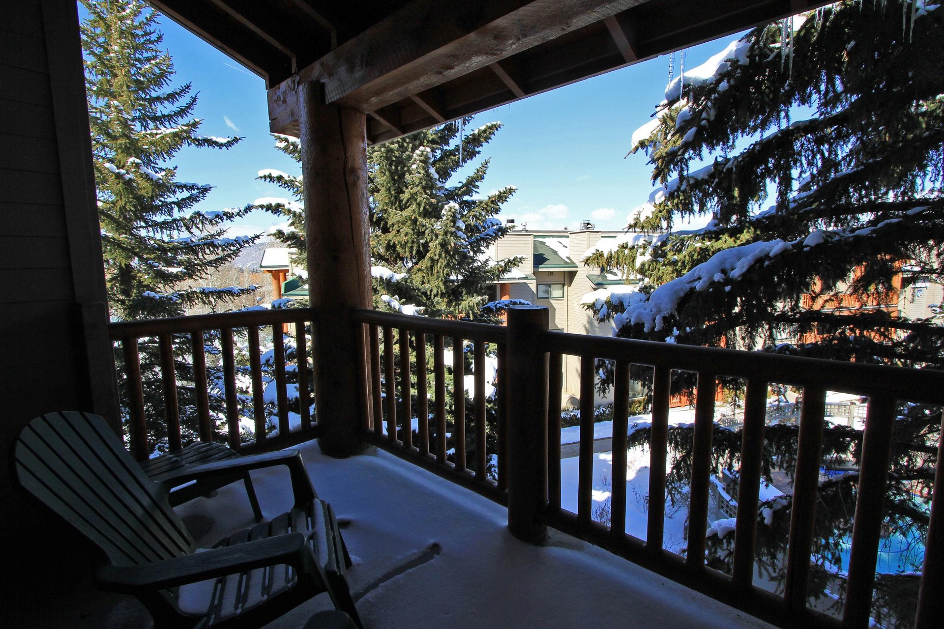 Snow Flower 72s covered patio with evergreen trees surrounding it and blue sky peaking out.