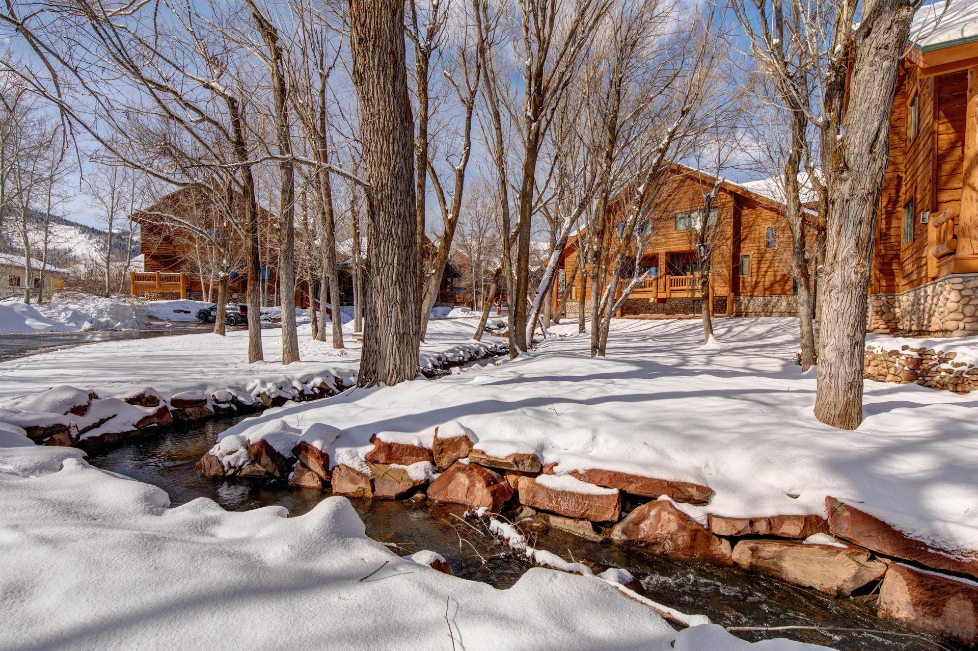 The Timber Wolf community has a lovely stream running through it and mature trees.