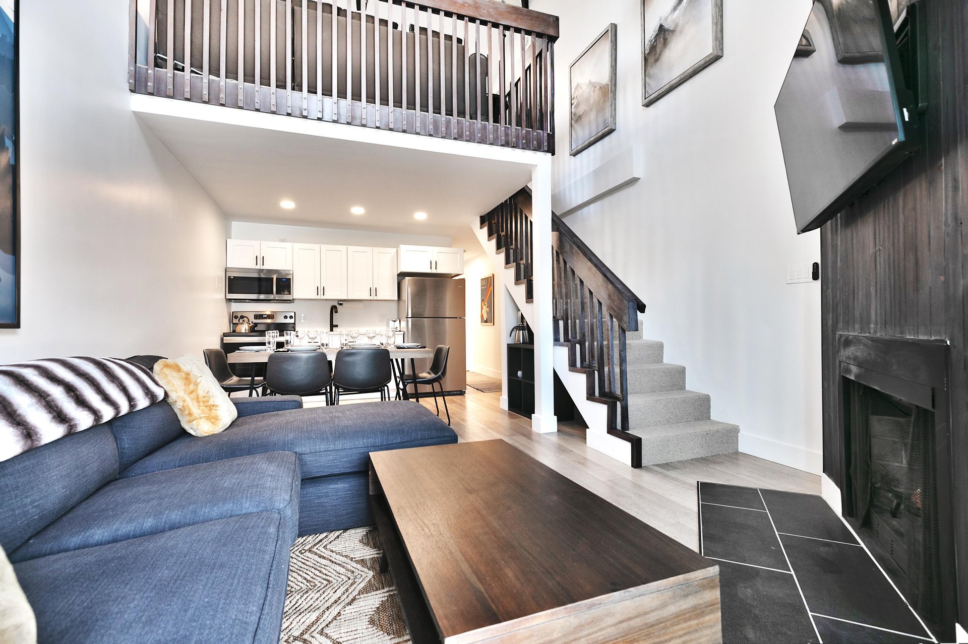 Living room, dining area and kitchen