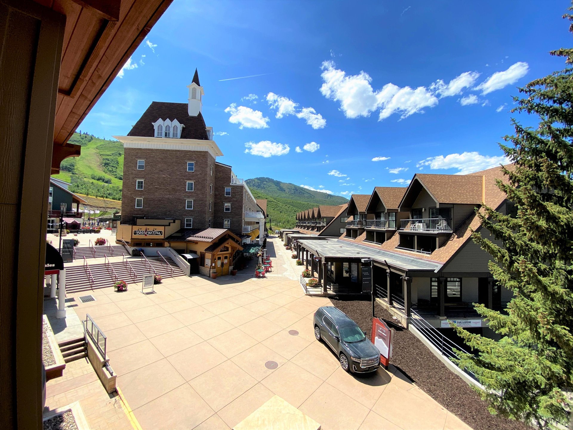 Resort plaza view on a beautiful sunny summer day in the Park City Mountain Resort Village.