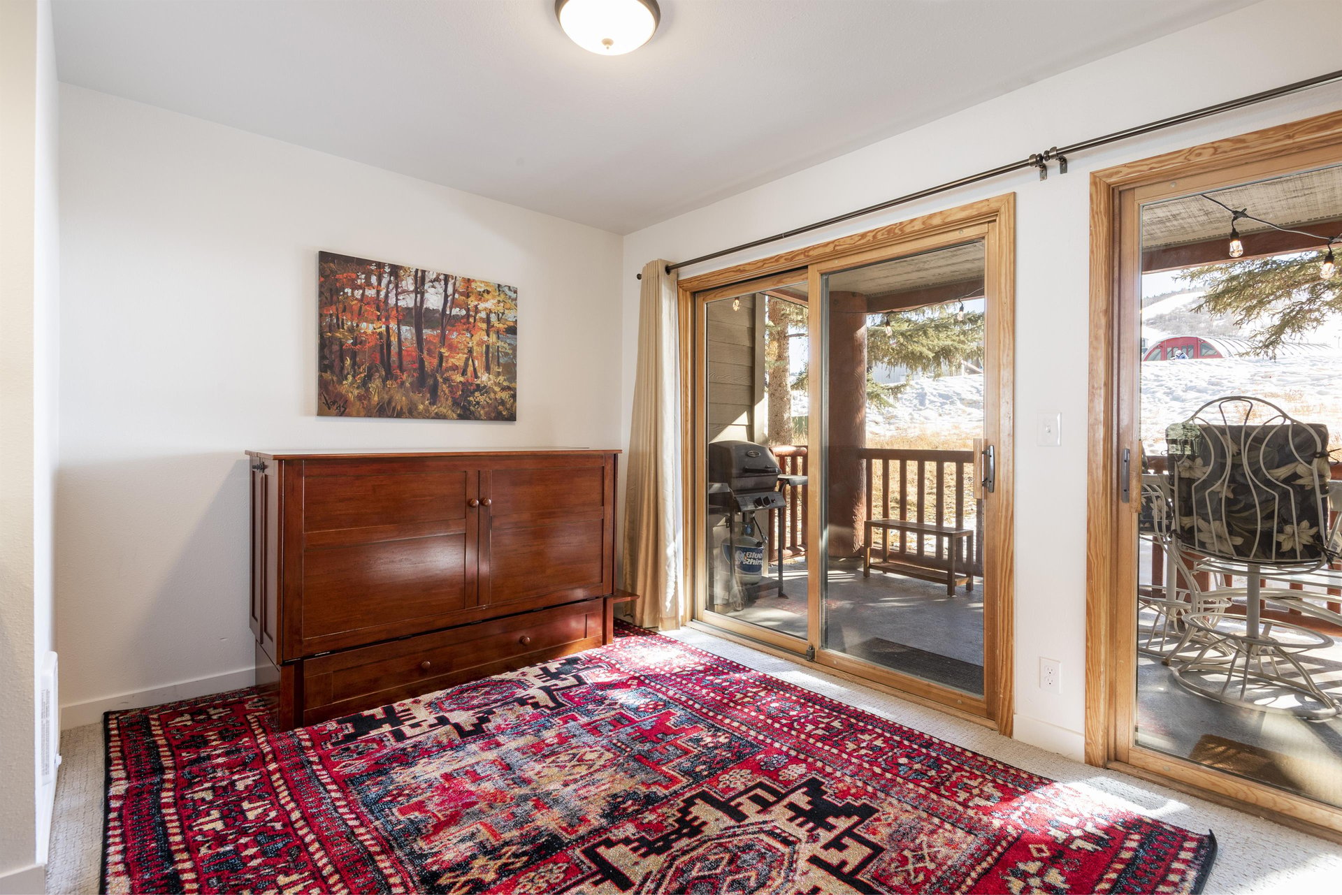The living area has a doublesize murphy bed in the living area that can be separated with a freestanding accordion door.