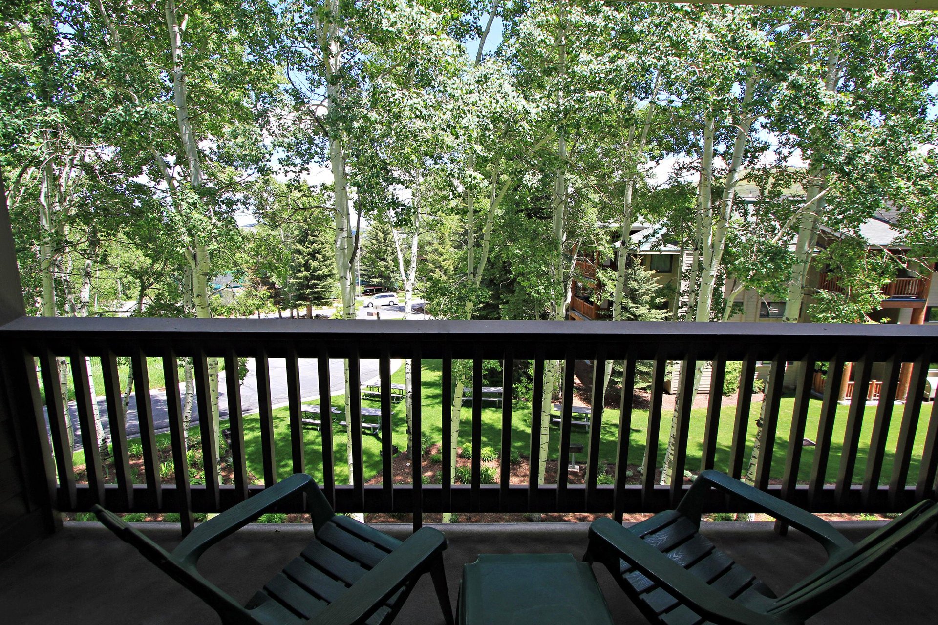 A summer view from the private patio looks over a grove of Aspen trees