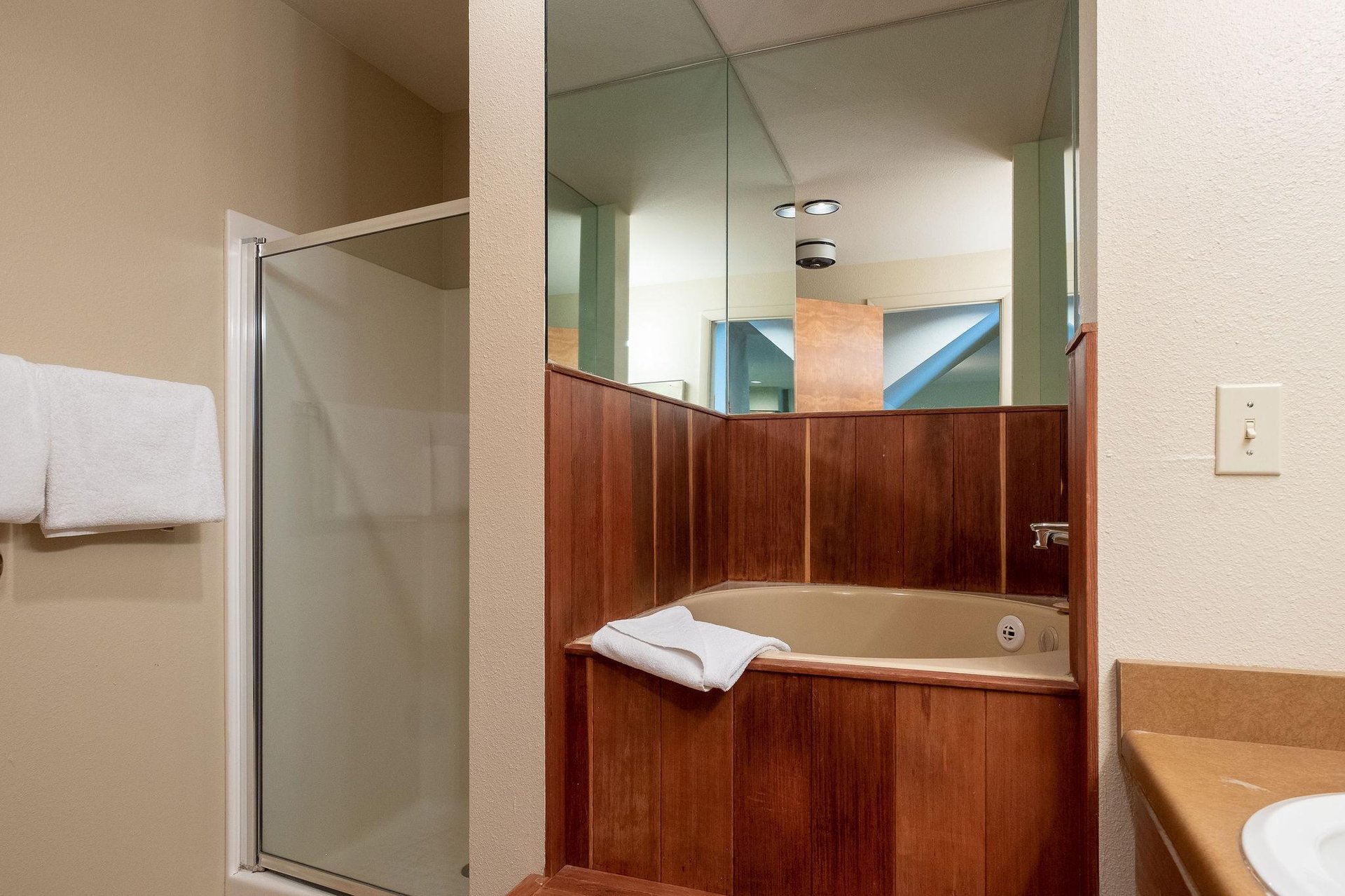 Separate shower and jetted tub in the guest bathroom