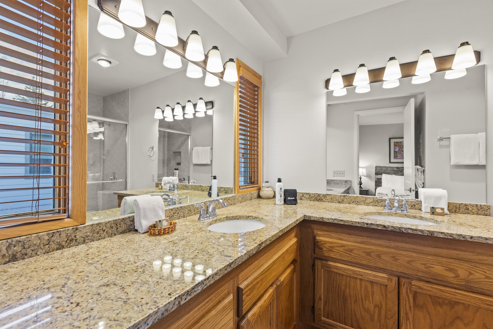 The en suite bathroom with double sink vanity.