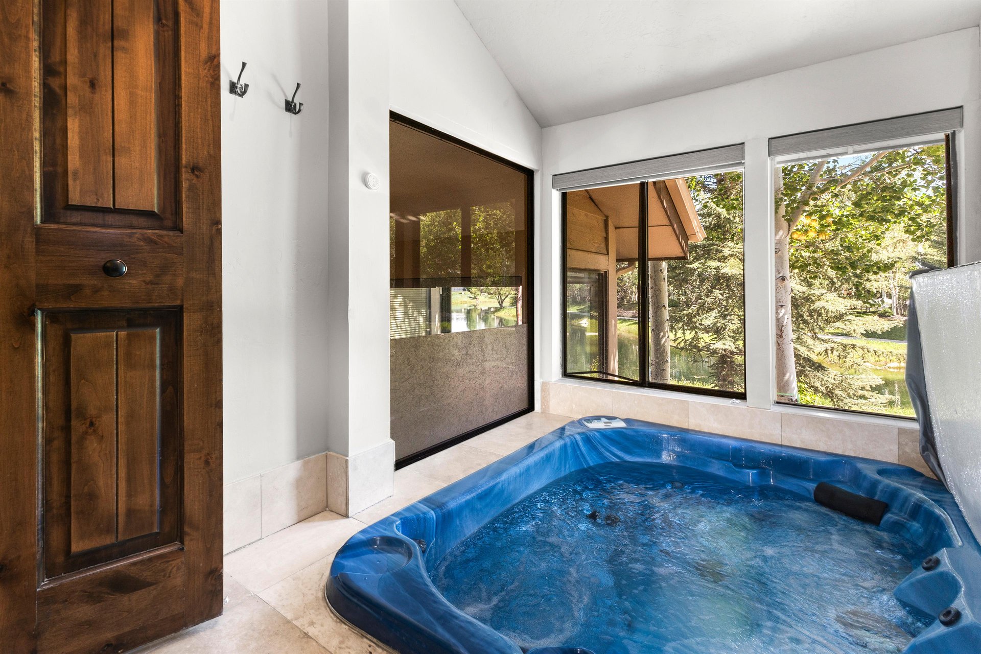 Queen Esther 2425s indoor hot tub with large windows facing open space and trees.