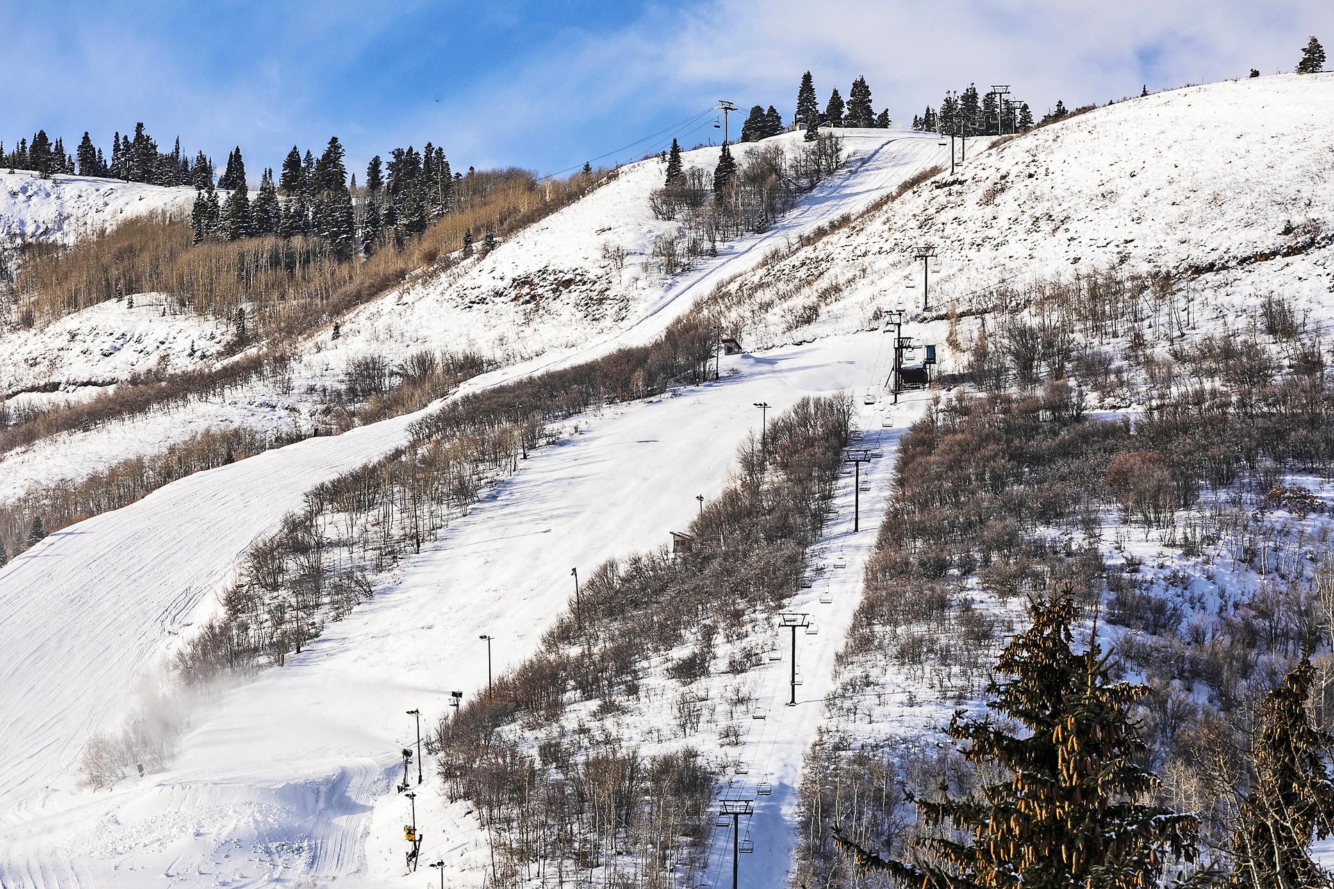 Views of Park City Mountains Eagle chairlift on a sunny winter day