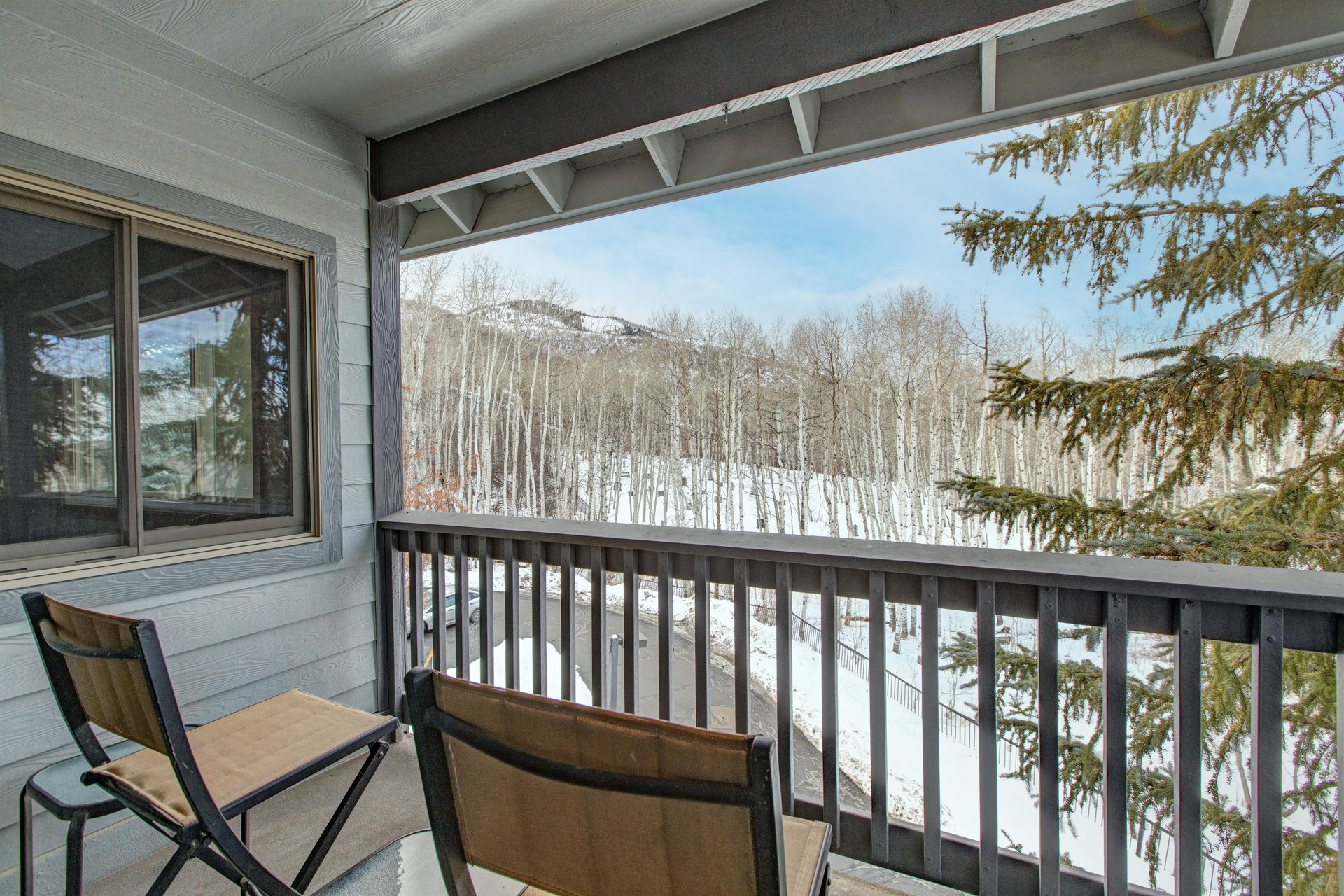 The private patio offers views of the mountains and aspen grove.