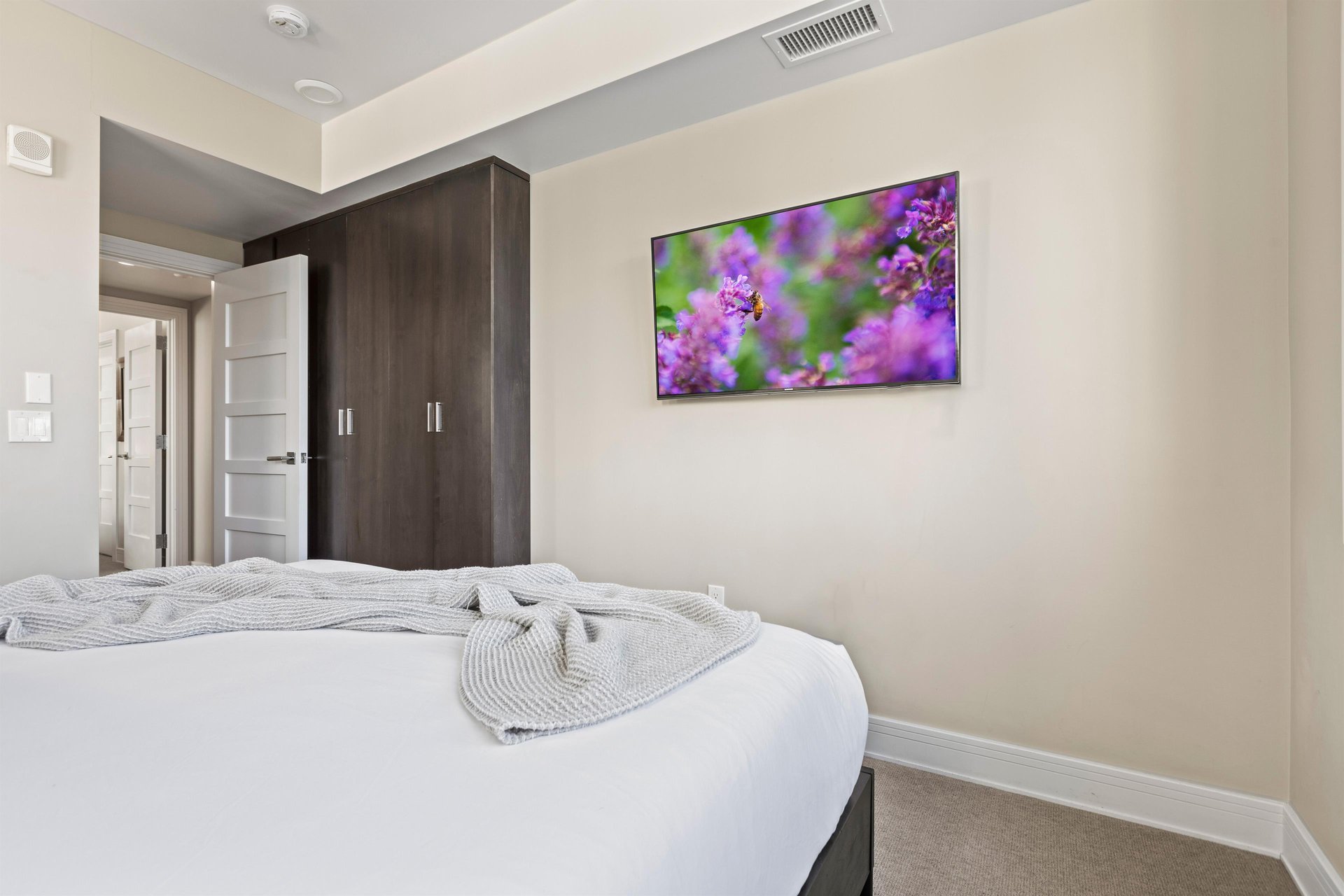 The main suite with a king size bed and flat screen TV.