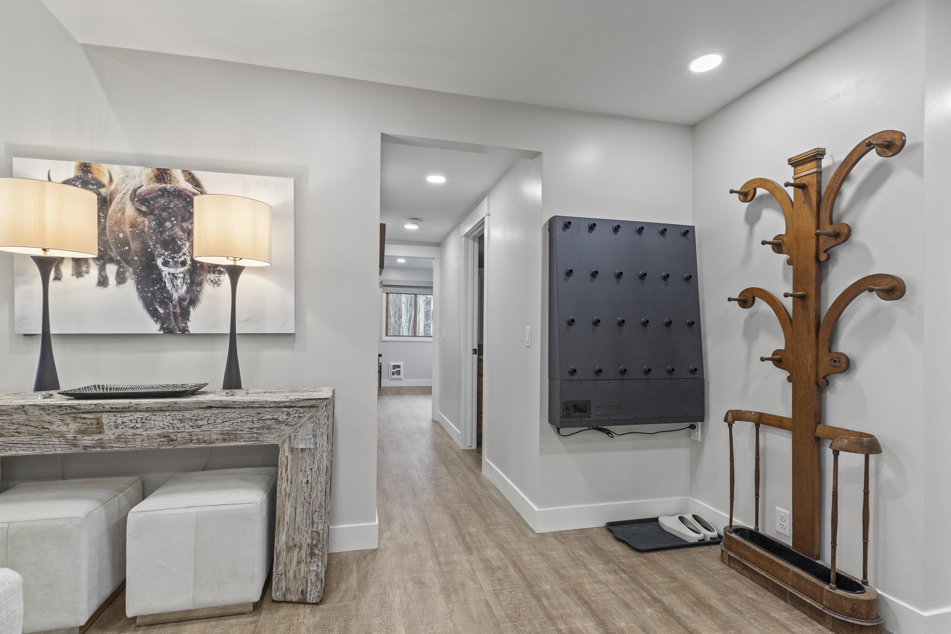 The entry with coat and glove holder and wellappointed furniture and decor.