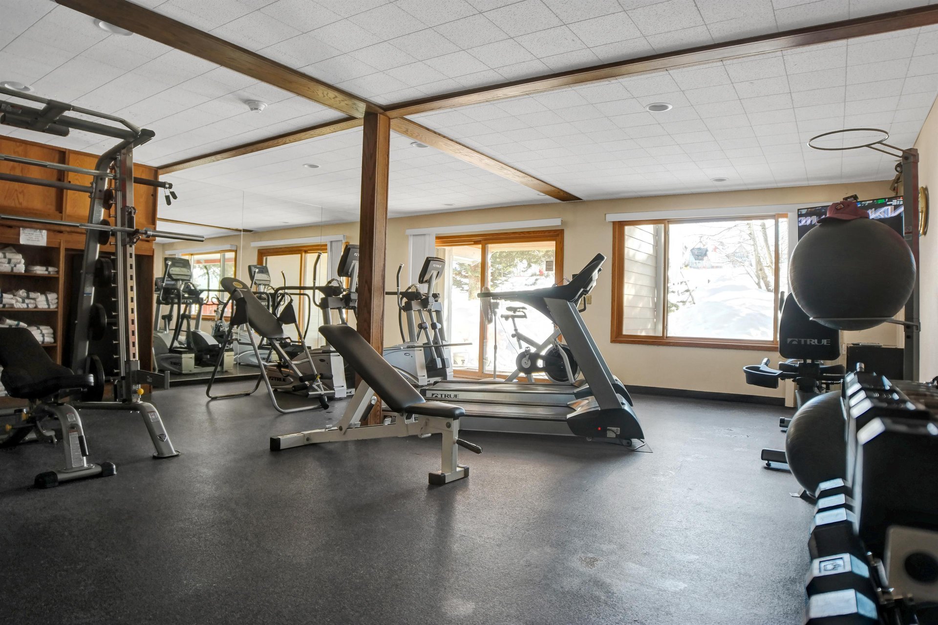 Fitness Room includes various machines and free weights