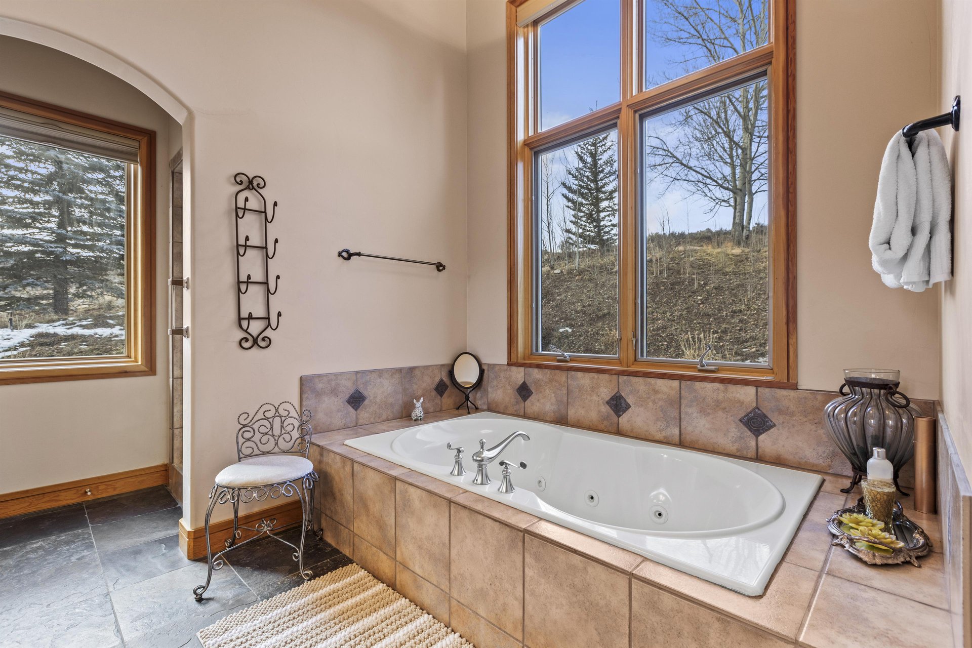 The en suite bathroom with deep soaker tub.