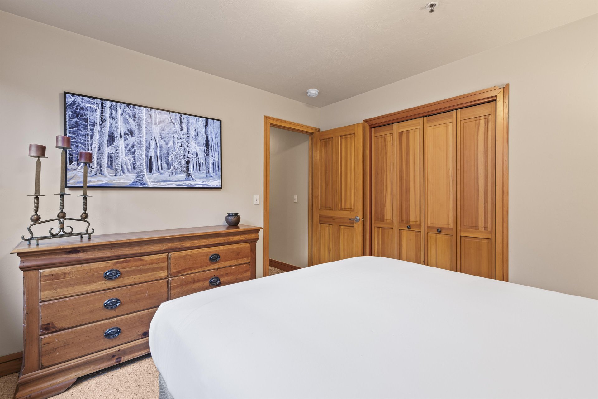 The bedroom on the lower level has a queen size bed and flat screen art TV.