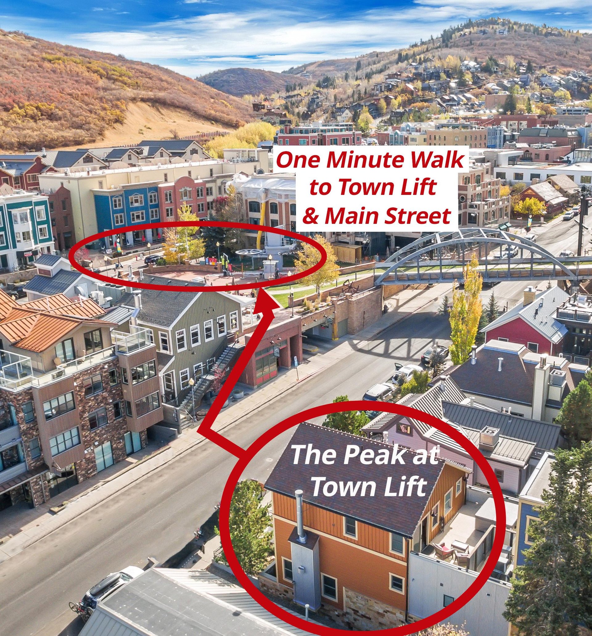 Arial view showing Town Lift proximity to The Peak at Town Lift.