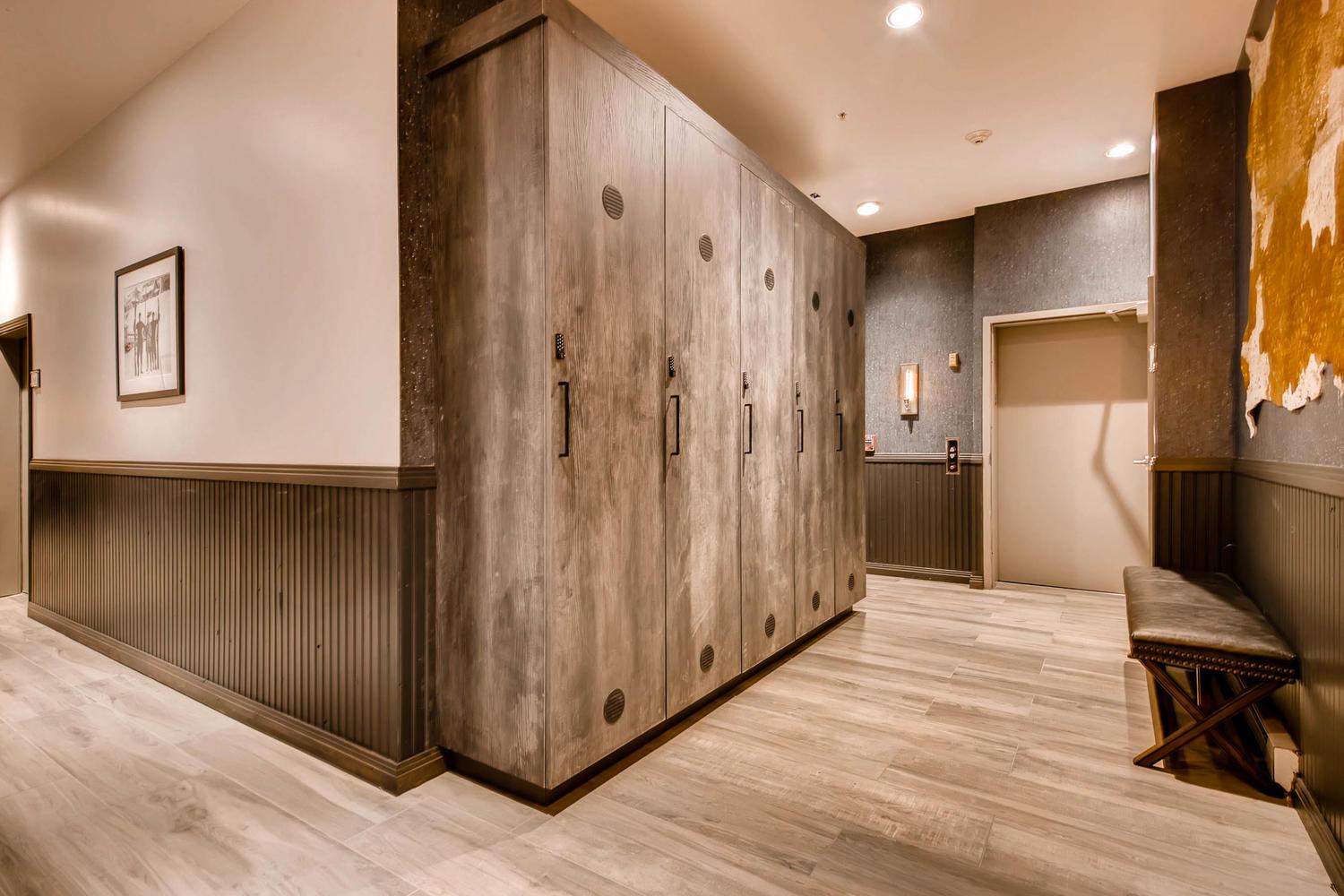 Private ski lockers for the condo in the hallway.