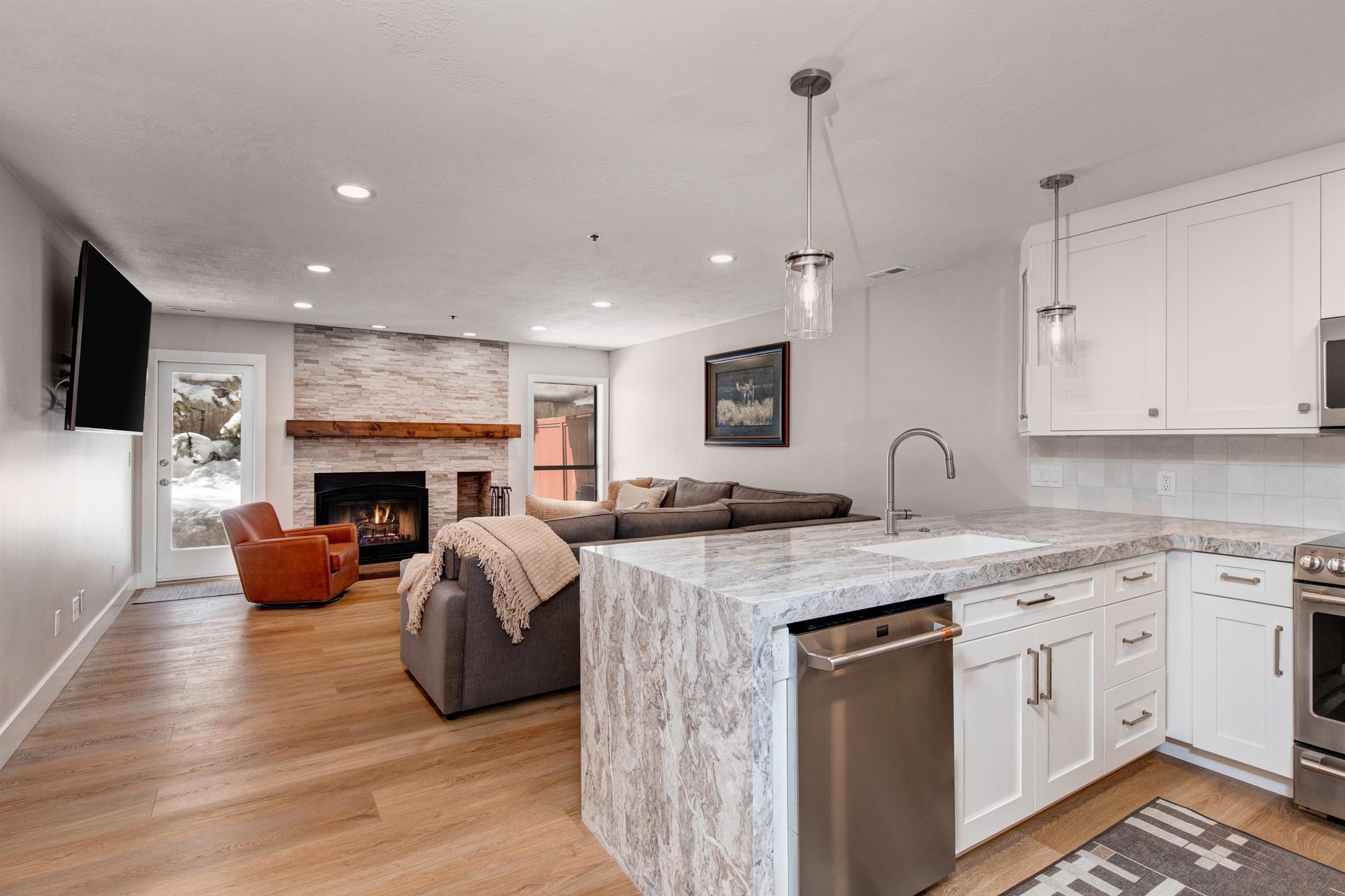 The open concept living and kitchen area.