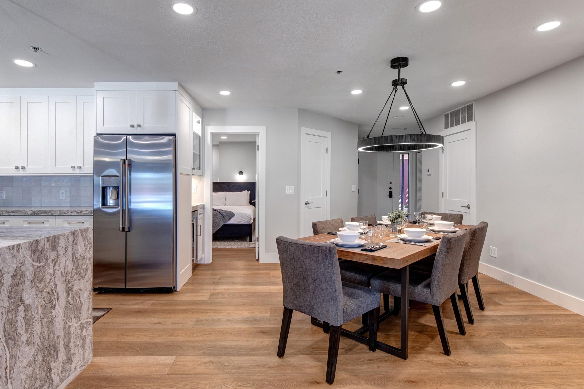 The open concept dining and kitchen area.