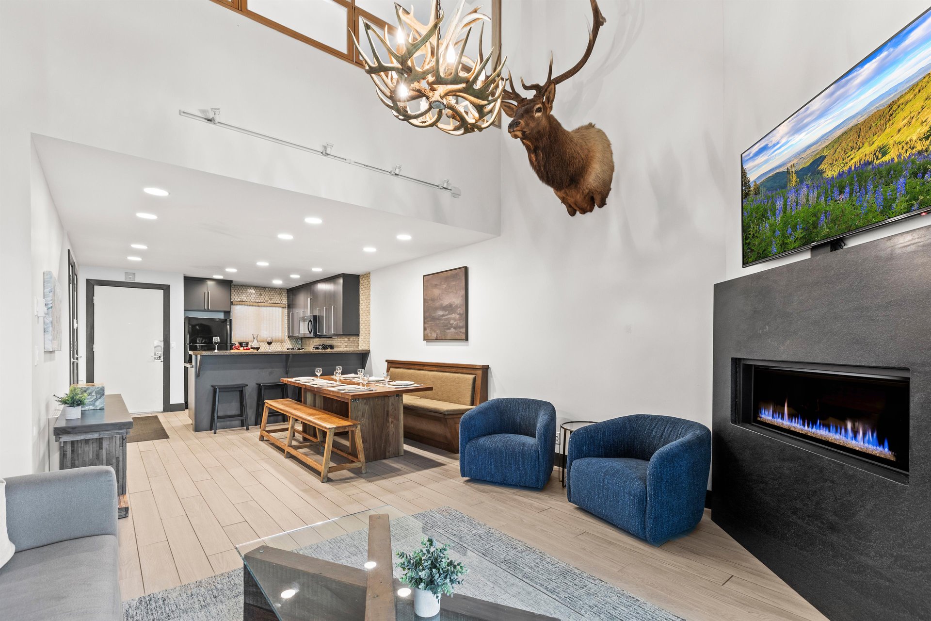 Snow Flower 126 has an open concept living, dining and kitchen area.