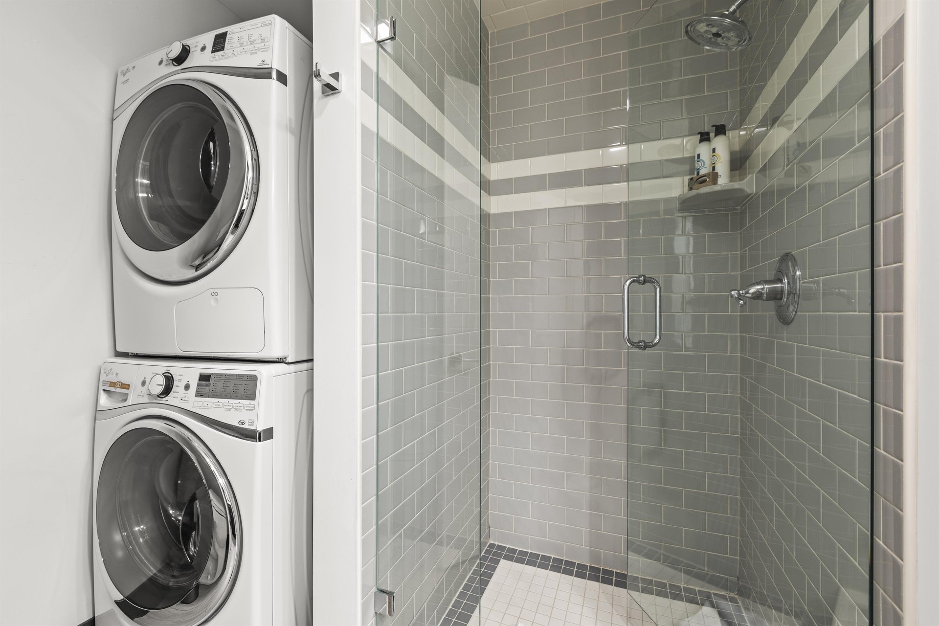 The shared bathroom has a walkin shower and a private washer and dryer.