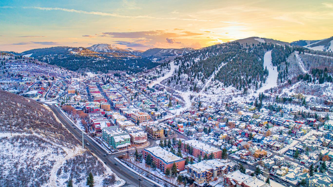 The winter view of Main Street and Park City Mountain Resort in Park City, Utah.