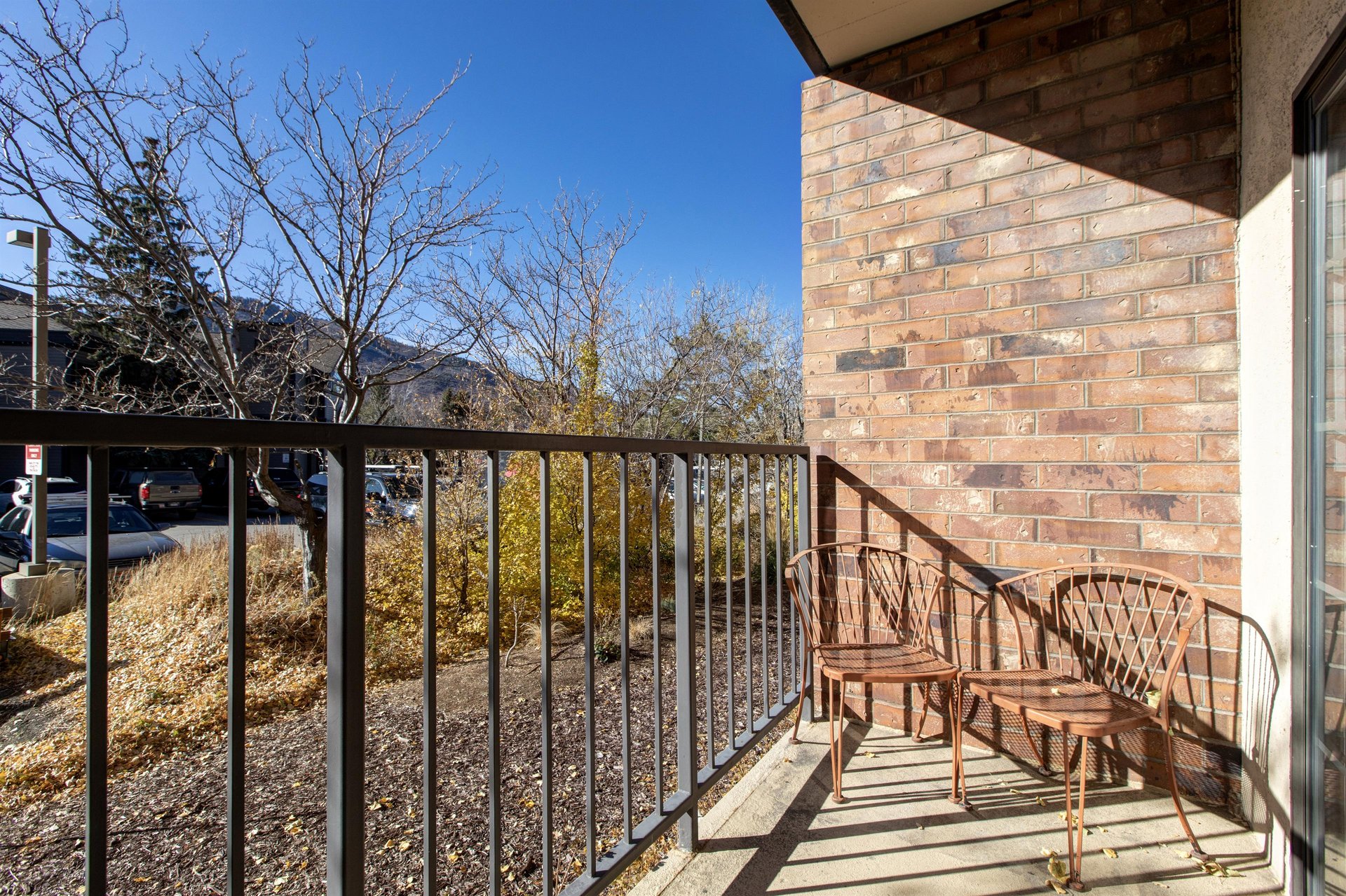 The private deck with seating for two guests.
