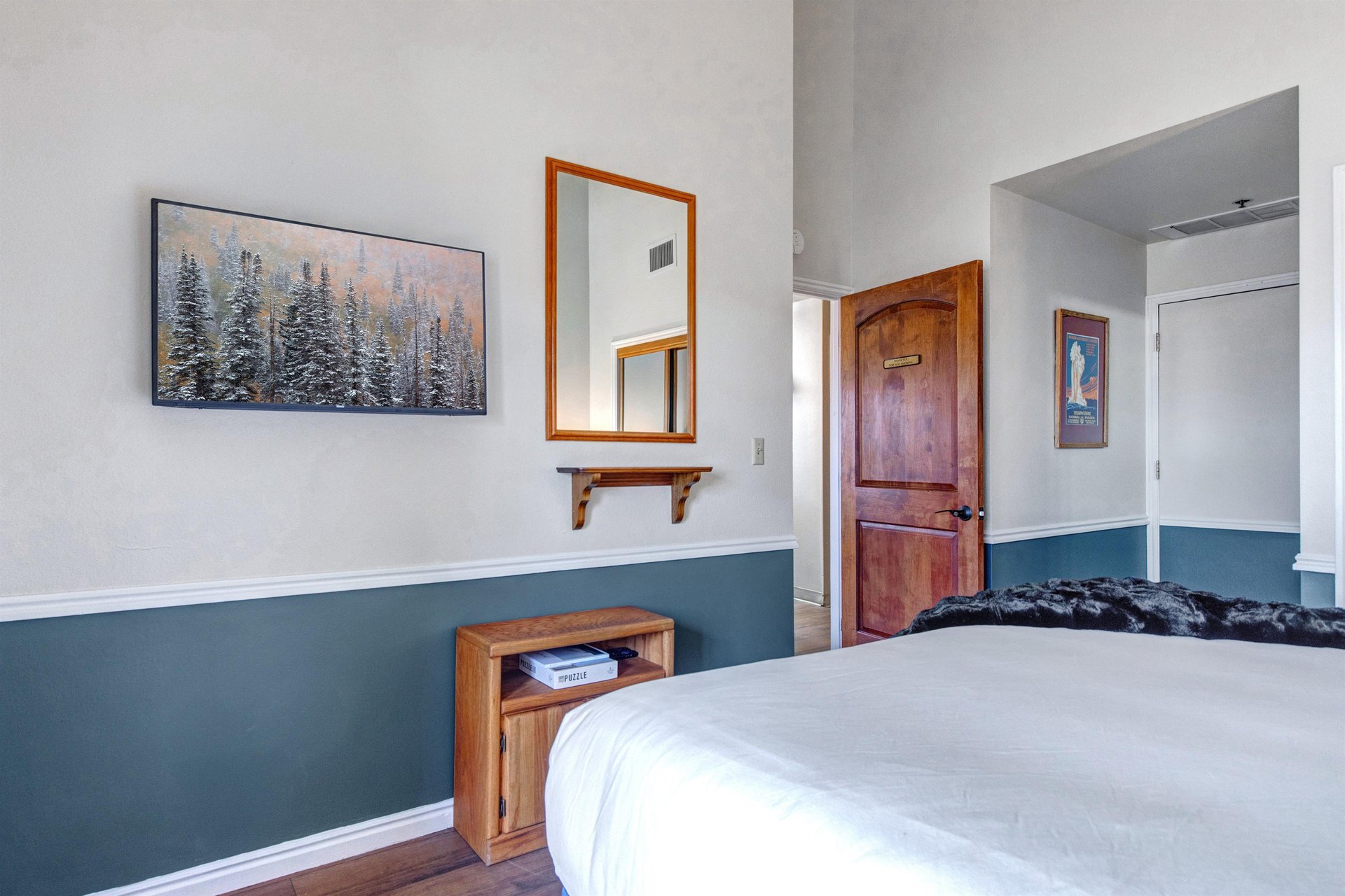 Drift off surrounded by mountain charm and thoughtful touches in your cozy retreat.
