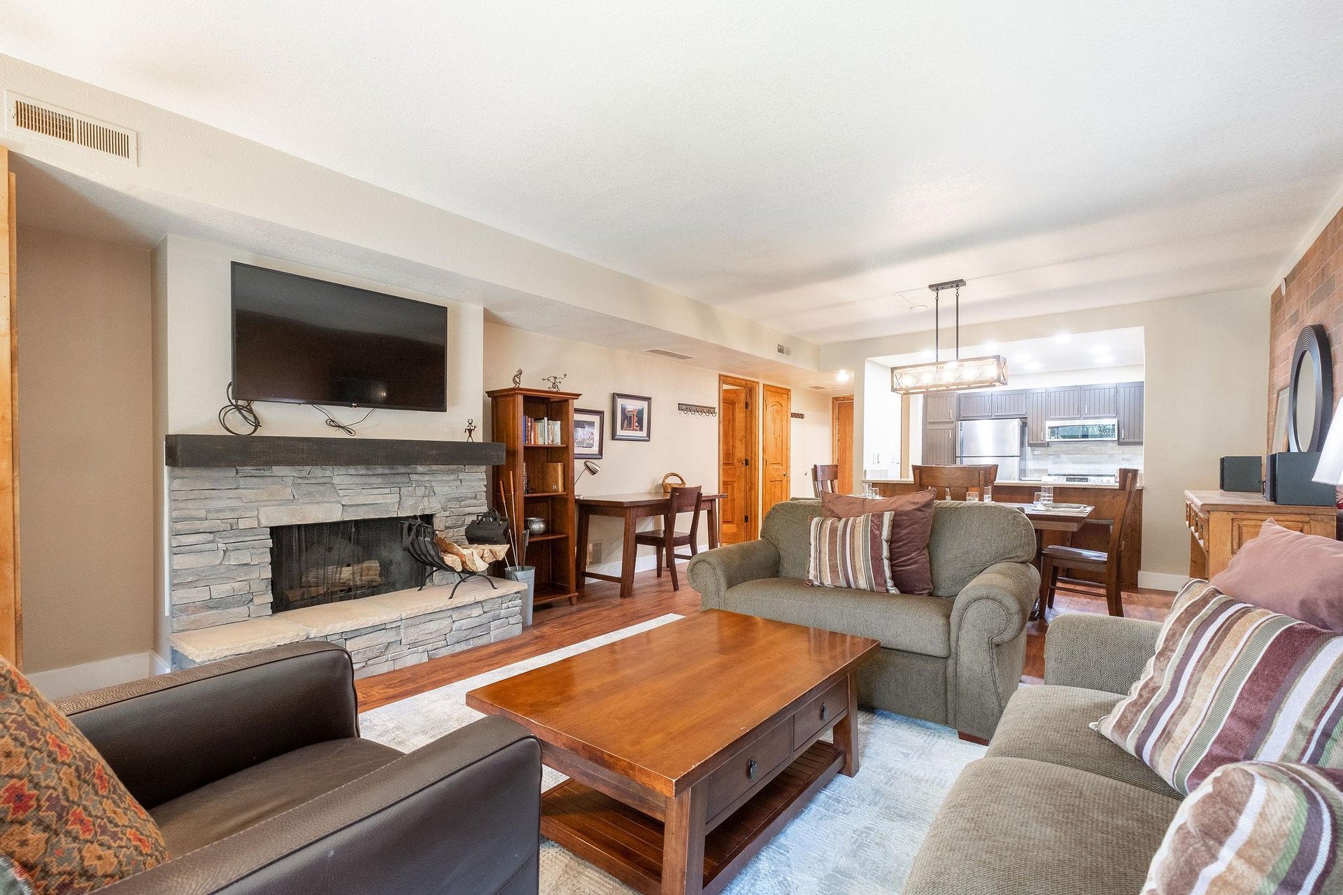 Cozy wood burning fireplace in the living room