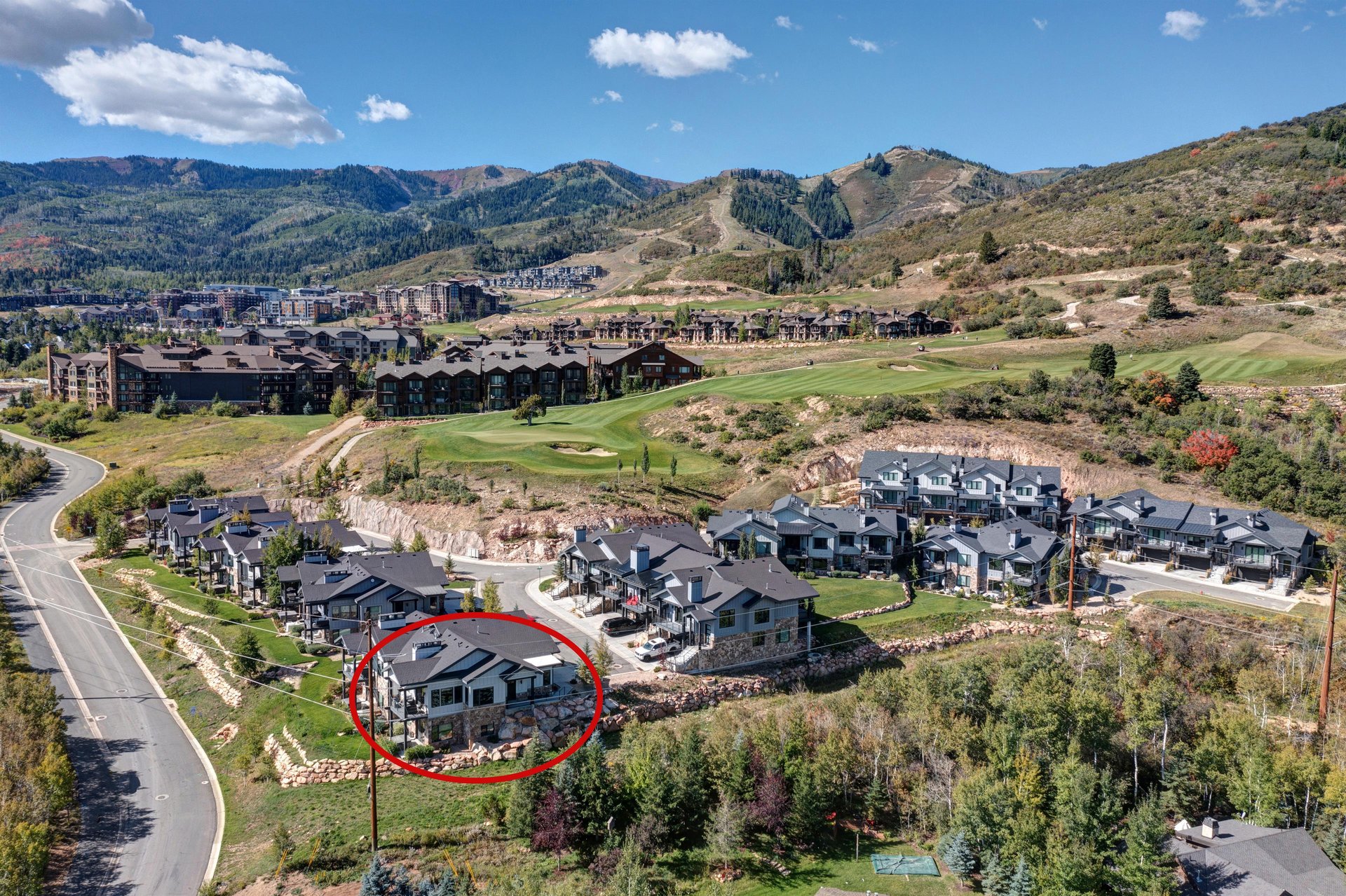 Aerial view of the Frost Haven vacation rental, next to Canyons golf course and ski resort.