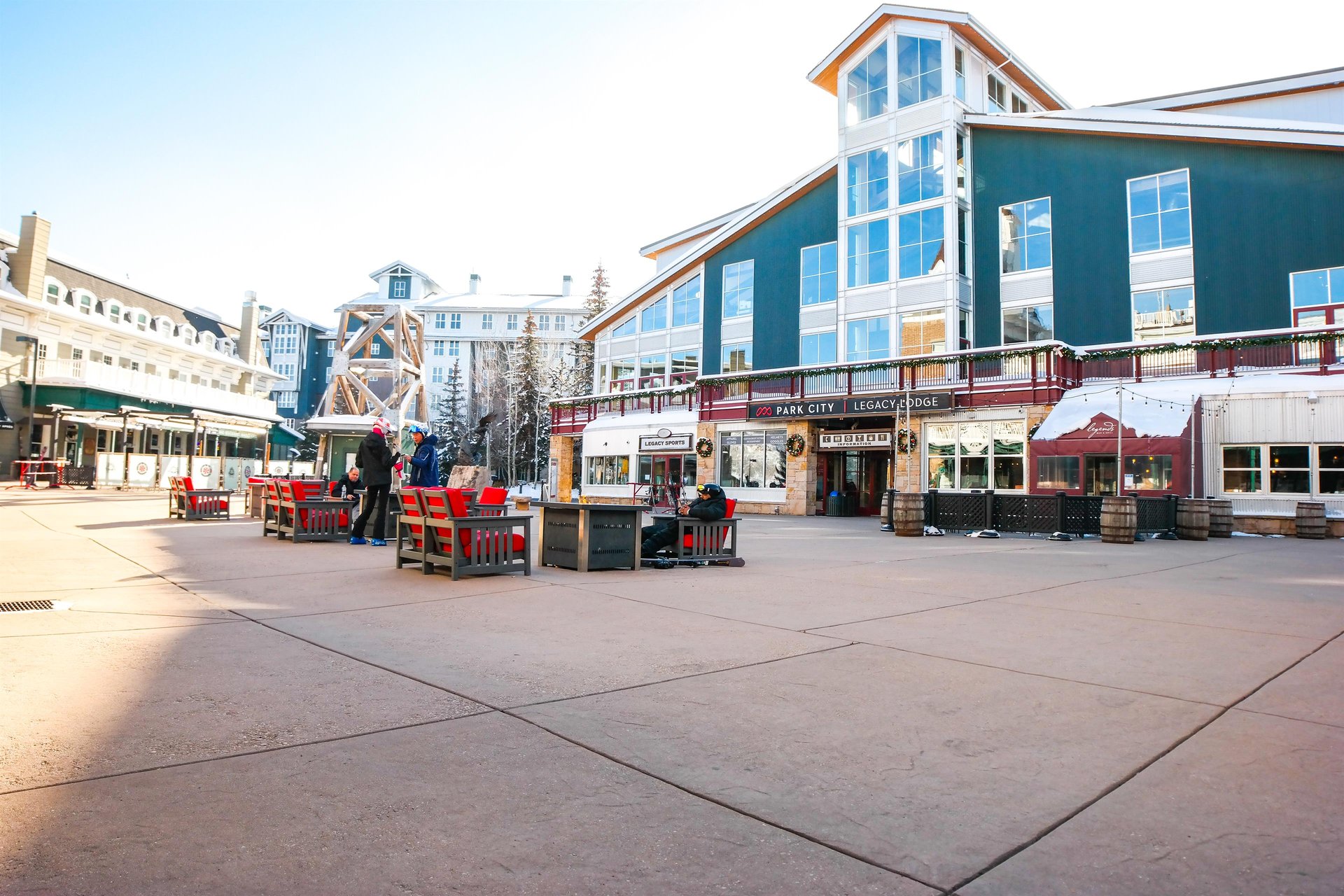 The Park City Mountain Village plaza area with seating and fire tables.