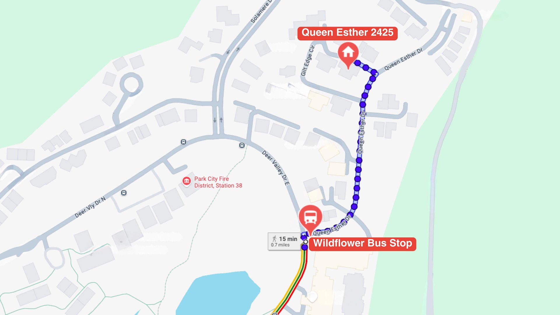 A neighborhood map showing the propertys location and the nearby Wildflower Bus Stop, just a short walk away for easy access to local transportation.