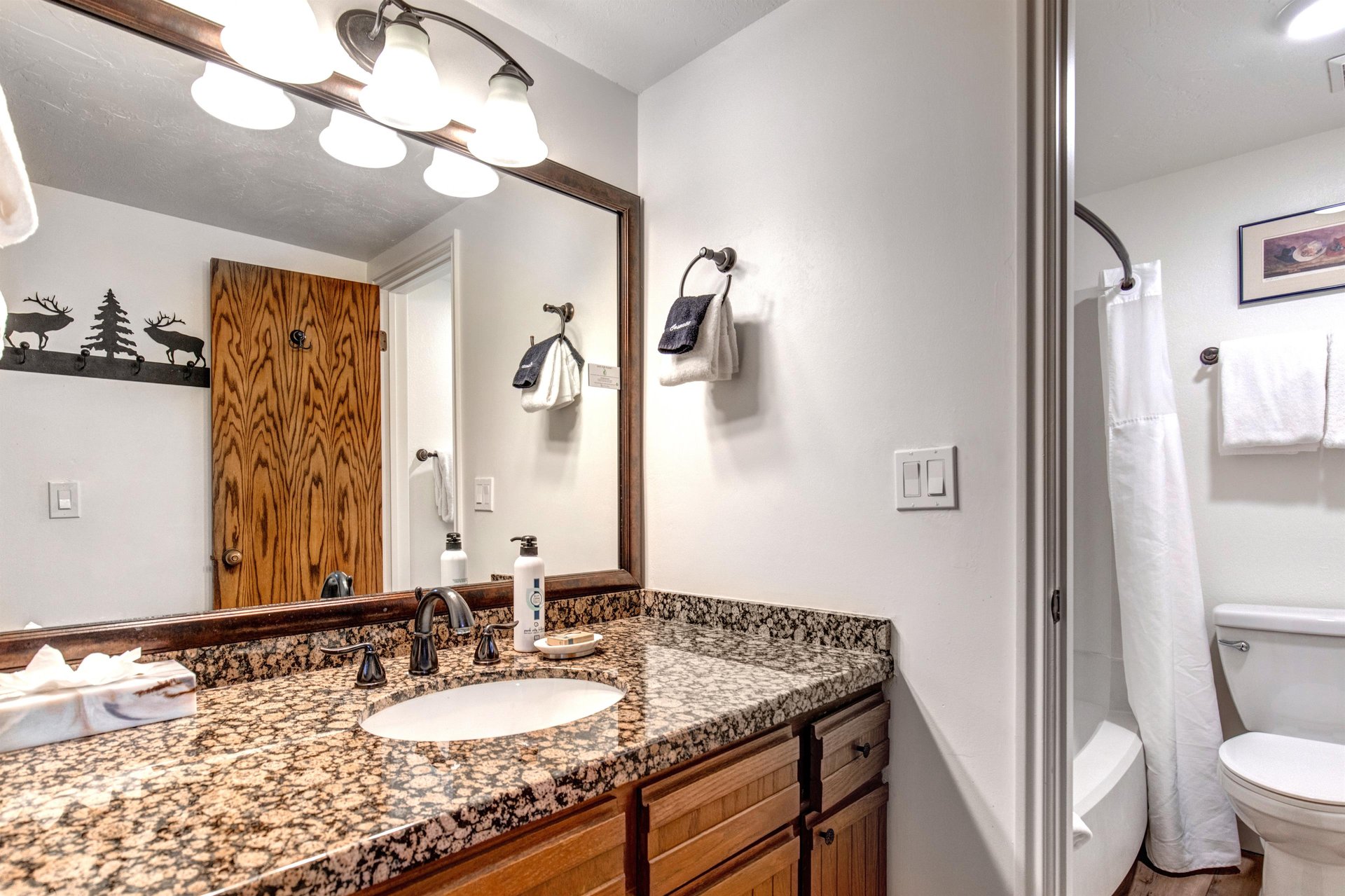 The shared bathroom has a one sink vanity, granite counters and a bathtub and shower combination.