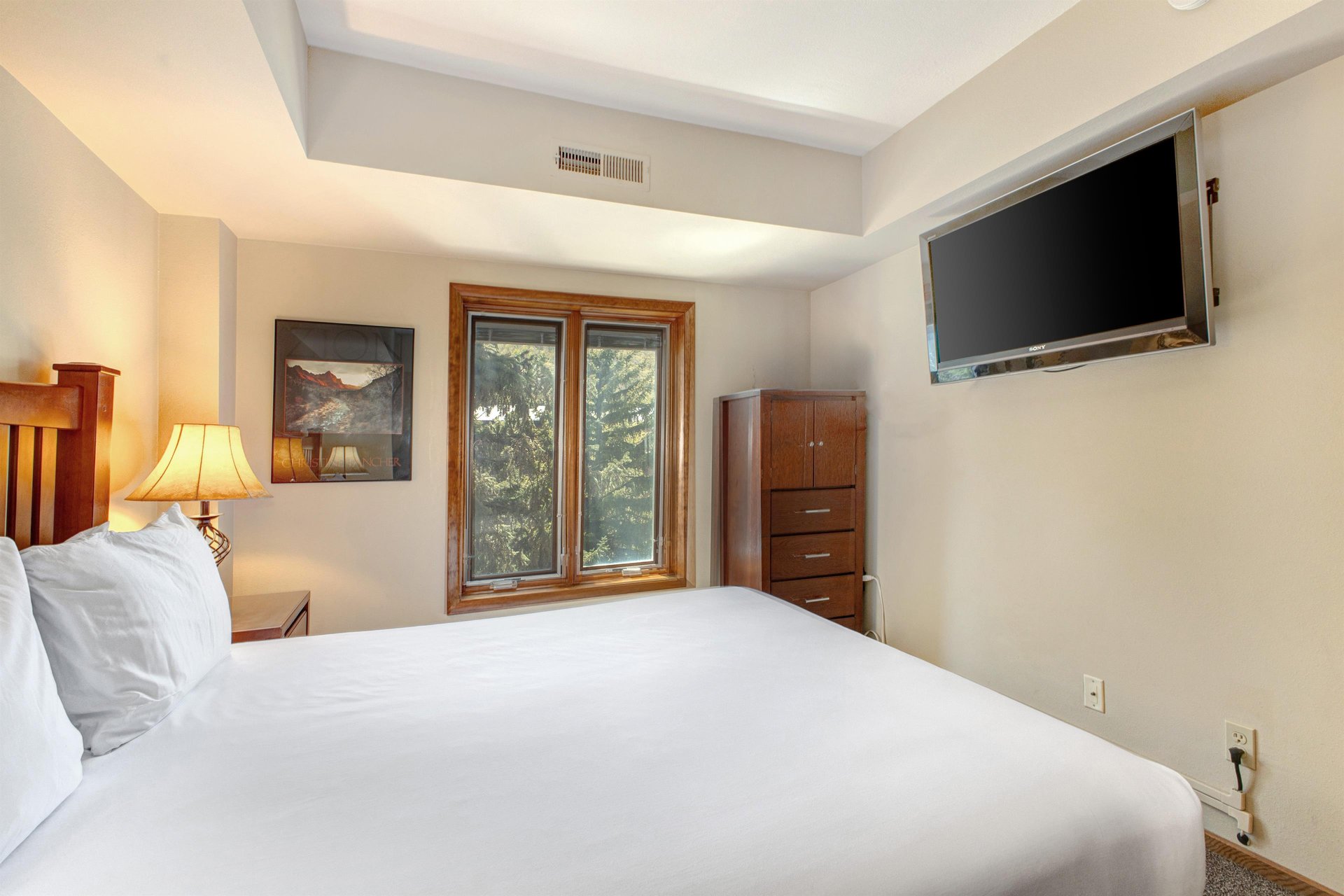 One of the bedrooms offers a queensize bed and wood furniture.